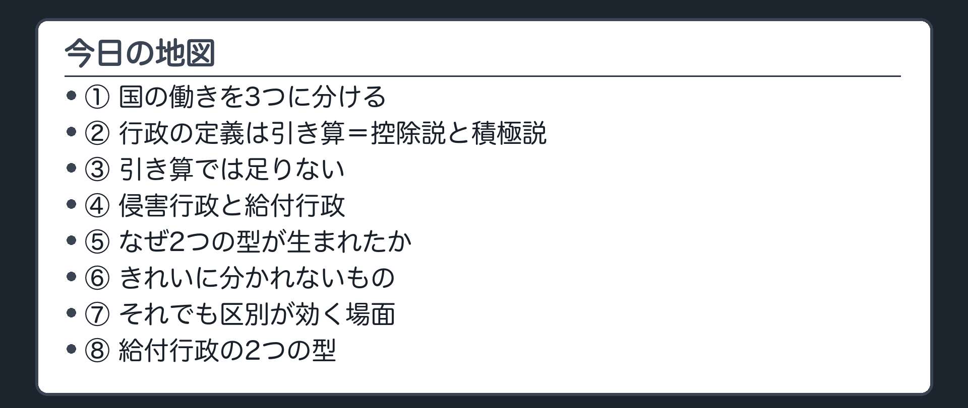 今日の地図（1.国の働きを3つに分ける／2.行政の定義は引き算＝控除説と積極説／3.引き算では足りない／4.侵害行政と給付行政／5.なぜ2つの型が生まれたか／6.きれいに分かれないもの／7.それでも区別が効く場面／8.給付行政の2つの型）