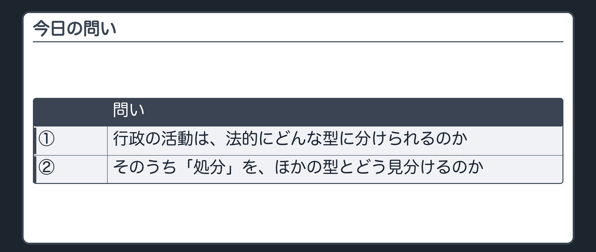今日の問い（①行政の活動は、法的にどんな型に分けられるのか／②そのうち「処分」を、ほかの型とどう見分けるのか）