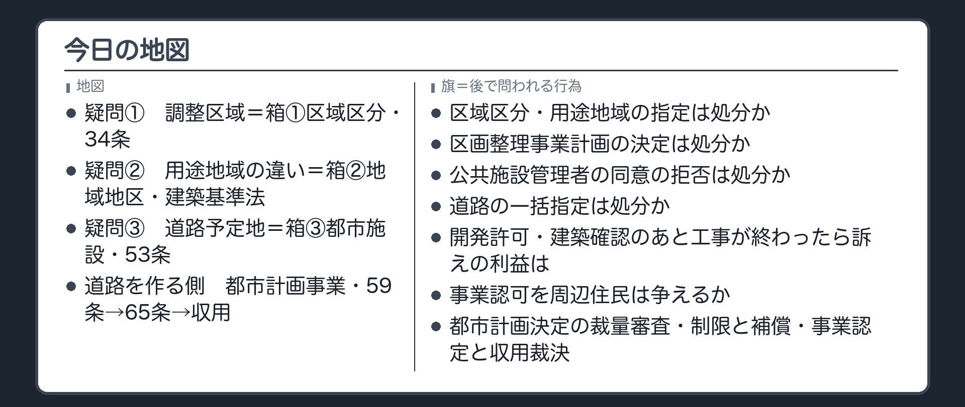 今日の地図（保存版：家族の3つの疑問→①調整区域＝箱①区域区分・34条／②用途地域の違い＝箱②地域地区・建築基準法／③道路予定地＝箱③都市施設・53条／道路を作る側＝都市計画事業・59条→65条→収用／旗＝後で問われる行為：区域区分・用途地域の指定は処分か／区画整理事業計画の決定は処分か／公共施設管理者の同意の拒否は処分か／道路の一括指定は処分か／開発許可・建築確認のあと工事が終わったら訴えの利益は／事業認可を周辺住民は争えるか／都市計画決定の裁量審査・制限と補償・事業認定と収用裁決）