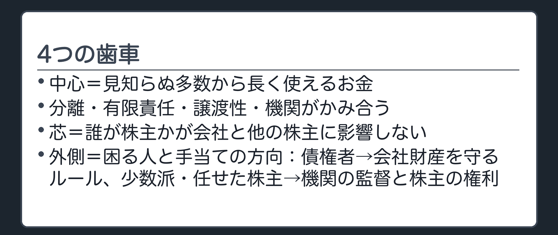 4つの歯車（中心＝見知らぬ多数から長く使えるお金／分離・有限責任・譲渡性・機関がかみ合う／芯＝誰が株主かが会社と他の株主に影響しない／外側＝困る人と手当ての方向：債権者→会社財産を守るルール、少数派・任せた株主→機関の監督と株主の権利）