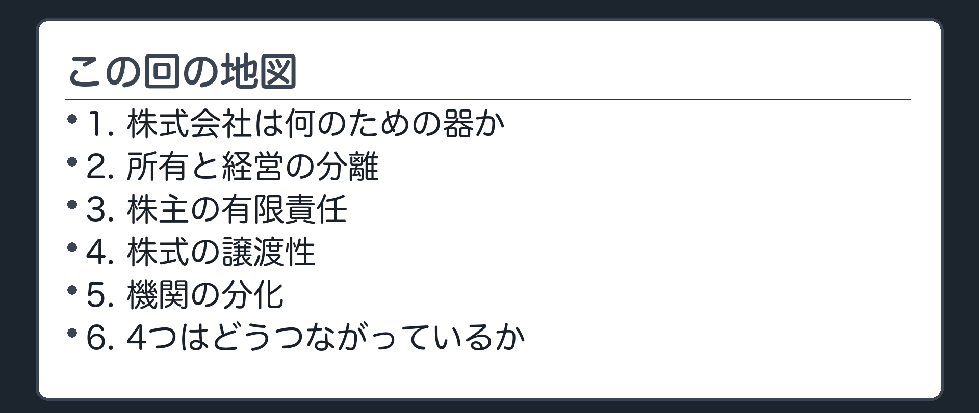 この回の地図（1.株式会社は何のための器か／2.所有と経営の分離／3.株主の有限責任／4.株式の譲渡性／5.機関の分化／6.4つはどうつながっているか）