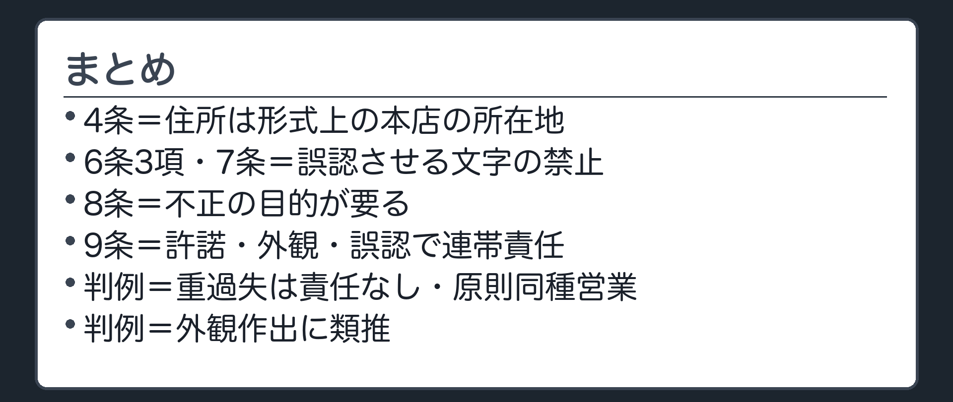 まとめ（4条＝住所は形式上の本店の所在地／6条3項・7条＝誤認させる文字の禁止／8条＝不正の目的が要る／9条＝許諾・外観・誤認で連帯責任／判例＝重過失は責任なし・原則同種営業・外観作出に類推）