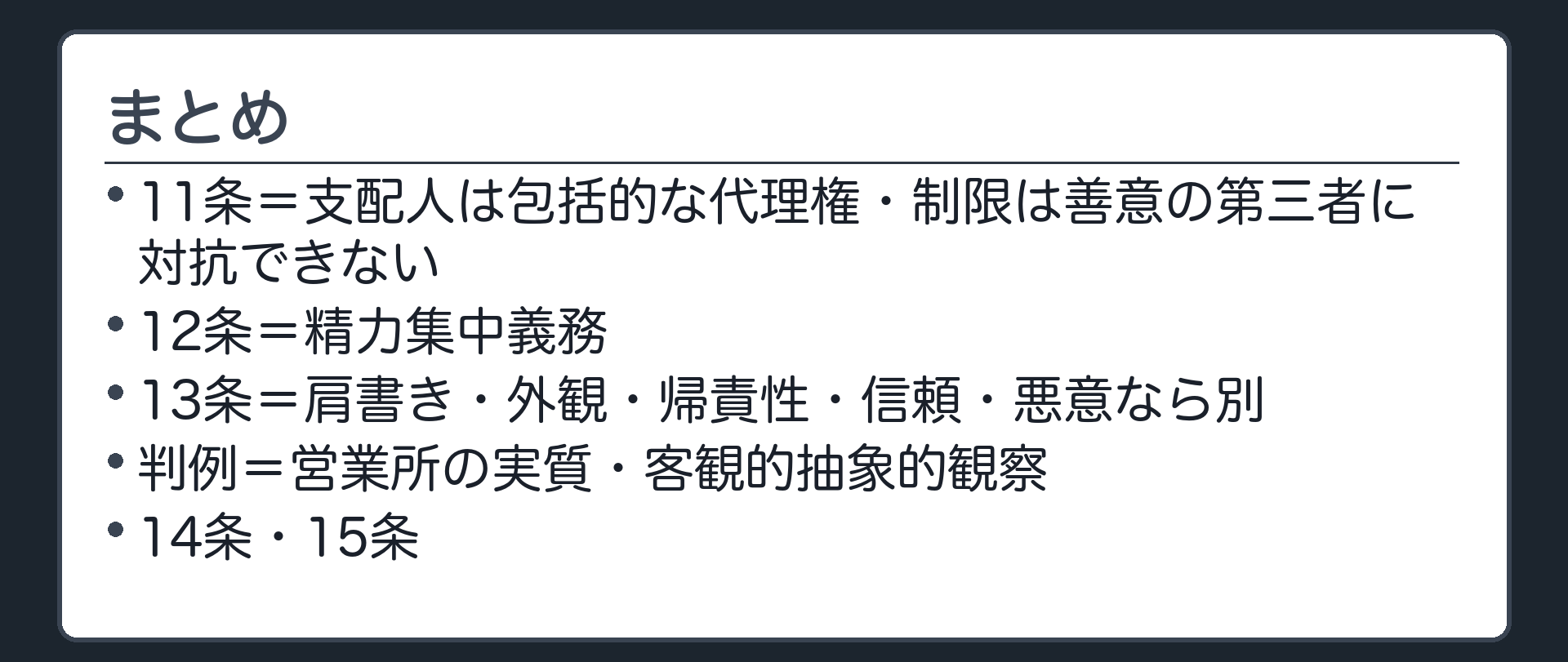 まとめ（11条＝支配人は包括的な代理権・制限は善意の第三者に対抗できない／12条＝精力集中義務／13条＝肩書き・外観・帰責性・信頼・悪意なら別／判例＝営業所の実質・客観的抽象的観察／14条・15条）