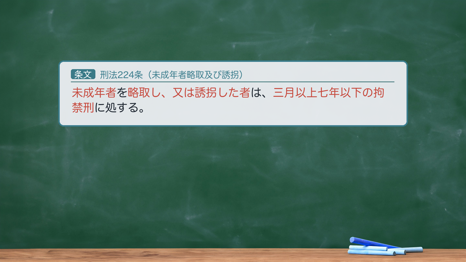 刑法224条(未成年者略取及び誘拐):未成年者を略取し、又は誘拐した者は、三月以上七年以下の拘禁刑に処する。客体=未成年者=18歳未満(民法4条・2022年改正後)。目的不要の基本類型。未遂罰(228条)。