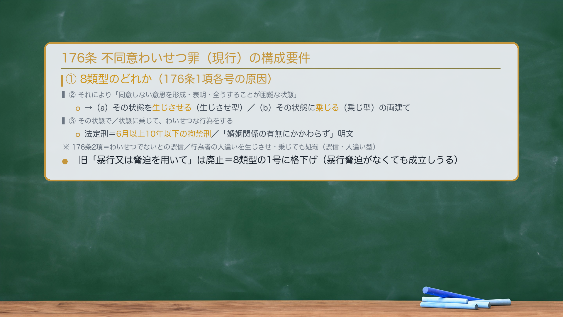 176条 不同意わいせつ罪(現行)の構成要件。①8類型のどれか(176条1項各号の原因)。②それにより「同意しない意思を形成・表明・全うすることが困難な状態」。→(a)その状態を生じさせる(生じさせ型)/(b)その状態に乗じる(乗じ型)の両建て。③その状態で/状態に乗じて、わいせつな行為をする。法定刑=6月以上10年以下の拘禁刑/「婚姻関係の有無にかかわらず」明文。176条2項=わいせつでないとの誤信/行為者の人違いを生じさせ・乗じても処罰(誤信・人違い型)。旧「暴行又は脅迫を用いて」は廃止=8類型の1号に格下げ(暴行脅迫がなくても成立しうる)。