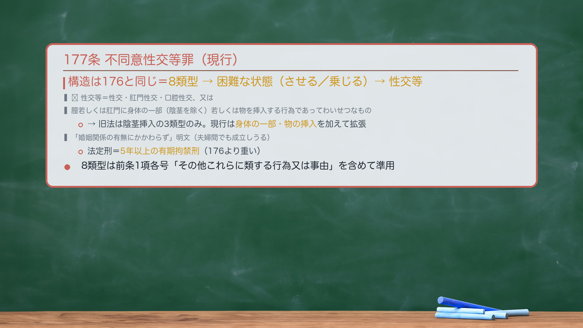 177条 不同意性交等罪(現行)。構造は176と同じ=8類型→困難な状態(させる/乗じる)→性交等。🔴性交等=性交・肛門性交・口腔性交、又は膣若しくは肛門に身体の一部(陰茎を除く)若しくは物を挿入する行為であってわいせつなもの。→旧法は陰茎挿入の3類型のみ。現行は身体の一部・物の挿入を加えて拡張。「婚姻関係の有無にかかわらず」明文(夫婦間でも成立しうる)。法定刑=5年以上の有期拘禁刑(176より重い)。8類型は前条1項各号「その他これらに類する行為又は事由」を含めて準用。