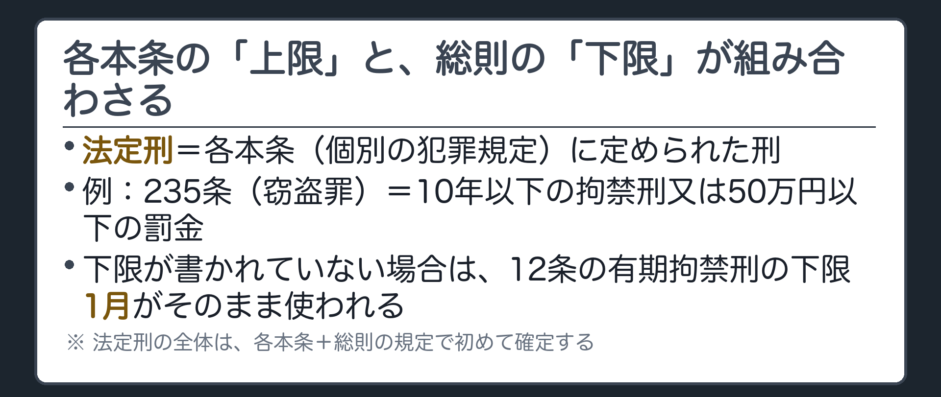 各本条の「上限」と、総則の「下限」が組み合わさる