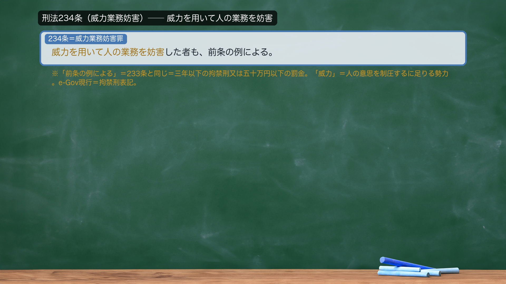 刑法234条(威力業務妨害)。威力を用いて人の業務を妨害した者も、前条の例による。「前条の例による」=233条と同じ=三年以下の拘禁刑又は五十万円以下の罰金。「威力」=人の意思を制圧するに足りる勢力。e-Gov現行=拘禁刑表記。