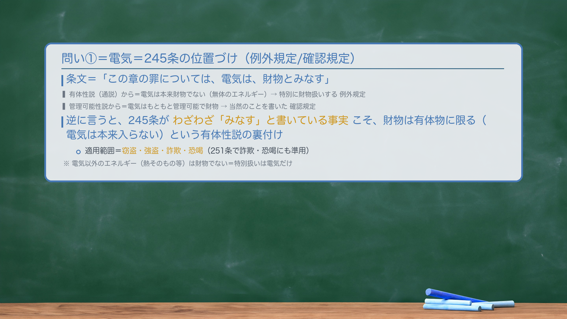 電気=245条の位置づけ。条文「この章の罪については、電気は、財物とみなす。」有体性説(通説)からは=電気は本来財物でない(無体のエネルギー)→特別に財物扱いする例外規定。管理可能性説からは=電気はもともと管理可能で財物→当然のことを書いた確認規定。逆に言うと、245条がわざわざ「みなす」と書いている事実こそ、財物は有体物に限る(電気は本来入らない)という有体性説の裏付け。適用範囲=窃盗・強盗・詐欺・恐喝(251条で詐欺・恐喝にも準用)。電気以外のエネルギー(熱そのもの等)は財物でない。