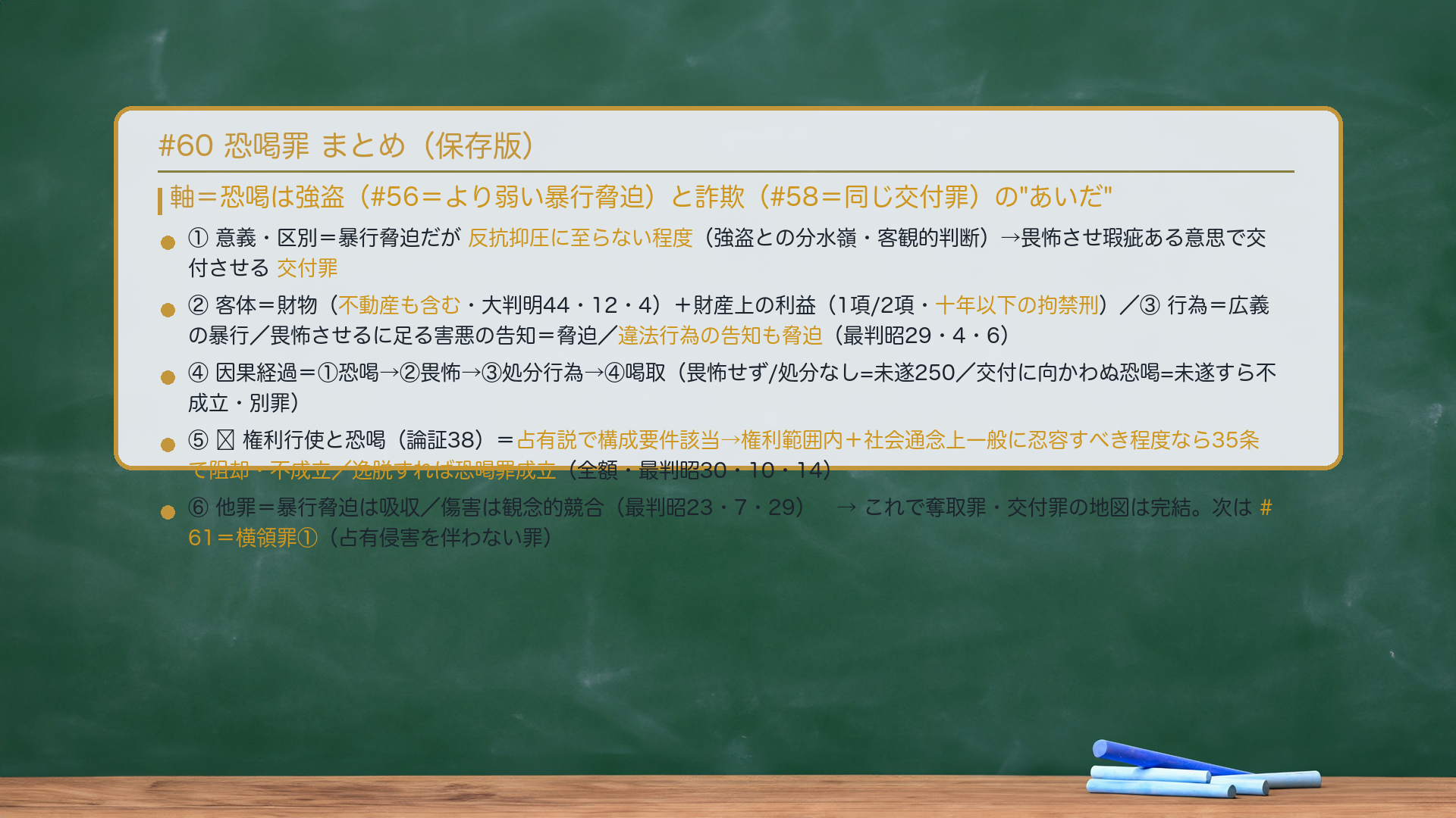 #60 恐喝罪 まとめ。軸=恐喝は強盗(#56=より弱い暴行脅迫)と詐欺(#58=同じ交付罪)の"あいだ"。①意義・区別=暴行脅迫だが反抗抑圧に至らない程度(強盗との分水嶺・客観的判断)→畏怖させ瑕疵ある意思で交付させる交付罪。②客体=財物(不動産も含む・大判明44・12・4)+財産上の利益(1項/2項・十年以下の拘禁刑)。③行為=広義の暴行/畏怖させるに足る害悪の告知=脅迫/違法行為の告知も脅迫(最判昭29・4・6)。④因果経過=①恐喝→②畏怖→③処分行為→④喝取(畏怖せず/処分なし=未遂250/交付に向かわぬ恐喝=未遂すら不成立・別罪)。⑤🔴権利行使と恐喝(論証38)=占有説で構成要件該当→権利範囲内+社会通念上一般に忍容すべき程度なら35条で阻却・不成立/逸脱すれば恐喝罪成立(全額・最判昭30・10・14)。⑥他罪=暴行脅迫は吸収/傷害は観念的競合(最判昭23・7・29)。→これで奪取罪・交付罪の地図は完結。次は#61=横領罪①(占有侵害を伴わない罪)。