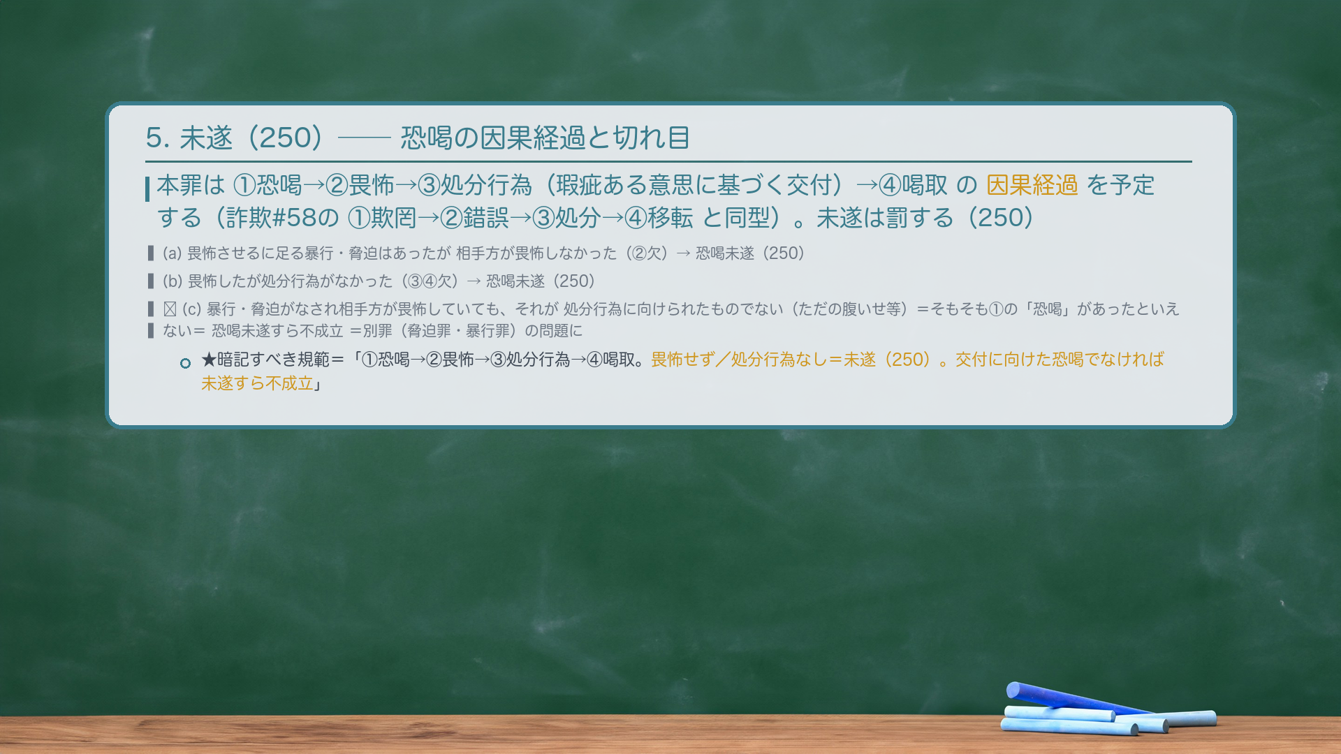 5. 未遂(250)——①恐喝→②畏怖→③処分行為→④喝取の因果経過。本罪は①恐喝→②畏怖→③処分行為(瑕疵ある意思に基づく交付)→④喝取の因果経過を予定する(詐欺#58の①欺罔→②錯誤→③処分行為→④移転と同型)。未遂は罰する(250)。切れ目=(a) 畏怖させるに足る暴行・脅迫はあったが相手方が畏怖しなかった/(b) 畏怖したが処分行為がなかった=②③④が欠ける=恐喝未遂(250)。(c) 暴行・脅迫がなされ相手方が畏怖していても、それが処分行為に向けられたものでない(ただの腹いせ等)=そもそも①の「恐喝」があったといえない=恐喝未遂すら不成立=別罪(脅迫罪・暴行罪)の問題に。★暗記すべき規範=「①恐喝→②畏怖→③処分行為→④喝取。畏怖せず/処分行為なし=未遂(250)。交付に向けた恐喝でなければ未遂すら不成立。」