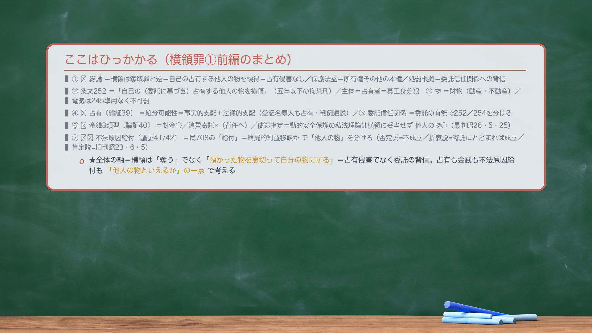 ここはひっかかる（横領罪①前編のまとめ）。①🔴総論＝横領は奪取罪と逆＝自己の占有する他人の物を領得＝占有侵害なし／保護法益＝所有権その他の本権／処罰根拠＝委託信任関係への背信。②条文252＝「自己の（委託に基づき）占有する他人の物を横領」（五年以下の拘禁刑）／主体＝占有者＝真正身分犯。③物＝財物（動産・不動産）／電気は245準用なく不可罰。④🔴占有〔論証39〕＝処分可能性＝事実的支配＋法律的支配（登記名義人も占有・判例通説）。⑤委託信任関係＝委託の有無で252／254を分ける。⑥🔴金銭3類型〔論証40〕＝封金○／消費寄託×（背任へ）／使途指定＝動的安全保護の私法理論は横領に妥当せず他人の物○（最判昭26・5・25）。⑦🔴🔴不法原因給付〔論証41/42〕＝民708の「給付」＝終局的利益移転かで「他人の物」を分ける（否定説=不成立／折衷説=寄託にとどまれば成立／肯定説=旧判昭23・6・5）。★全体の軸＝横領は「奪う」でなく「預かった物を裏切って自分の物にする」＝占有侵害でなく委託の背信。占有も金銭も不法原因給付も「他人の物といえるか」の一点で考える。