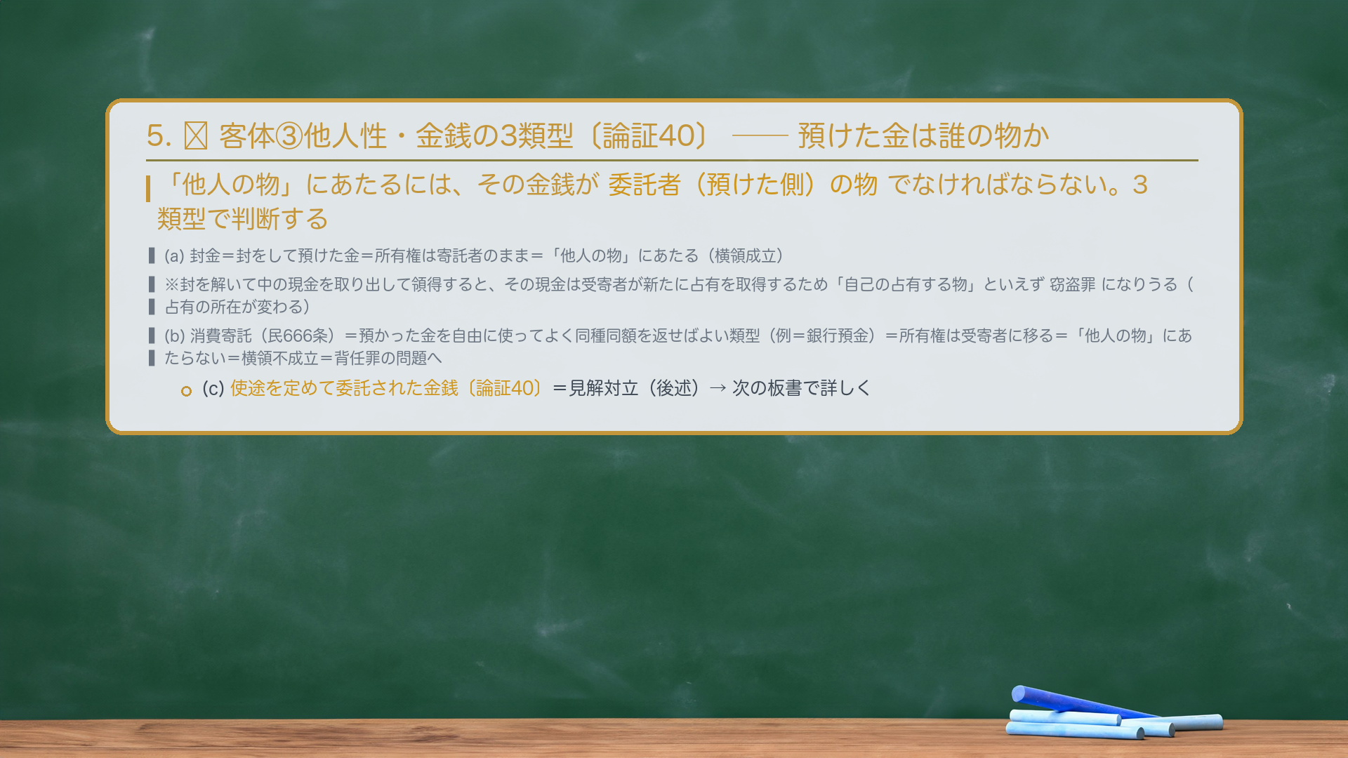 5. 🔴 客体③他人性・金銭の3類型〔論証40〕——預けた金は誰の物か。「他人の物」にあたるには、その金銭が委託者（預けた側）の物でなければならない。3類型で判断。(a) 封金＝封をして預けた金＝所有権は寄託者のまま＝「他人の物」にあたる（横領成立）。※封を解いて中の現金を取り出して領得すると、その現金は受寄者が新たに占有を取得するため「自己の占有する物」といえず窃盗罪になりうる（占有の所在が変わる）。(b) 消費寄託（民666条）＝預かった金を自由に使ってよく同種同額を返せばよい類型（例＝銀行預金）＝所有権は受寄者に移る＝「他人の物」にあたらない＝横領不成立＝背任罪の問題へ。(c) 使途を定めて委託された金銭〔論証40〕＝見解対立（後述）。