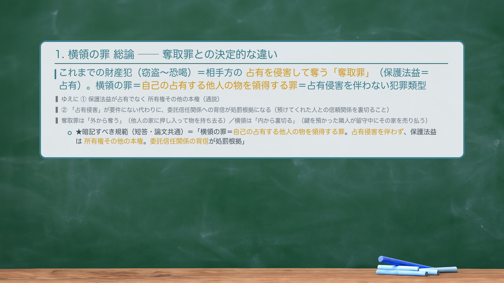 1. 横領の罪 総論——奪取罪との決定的な違い。これまでの財産犯（窃盗〜恐喝）＝相手方の占有を侵害して奪う「奪取罪」（保護法益＝占有）。横領の罪＝自己の占有する他人の物を領得する罪＝占有侵害を伴わない犯罪類型。ゆえに①保護法益が占有でなく所有権その他の本権（通説）、②「占有侵害」が要件にない代わりに、委託信任関係への背信が処罰根拠になる。★暗記すべき規範（短答・論文共通）＝「横領の罪＝自己の占有する他人の物を領得する罪。占有侵害を伴わず、保護法益は所有権その他の本権。委託信任関係の背信が処罰根拠。」自前の喩え＝奪取罪は「他人の家に押し入って物を持ち去る」／横領は「鍵を預かった隣人が、留守中にその家を売り払う」＝外から奪うのでなく、内から裏切る。