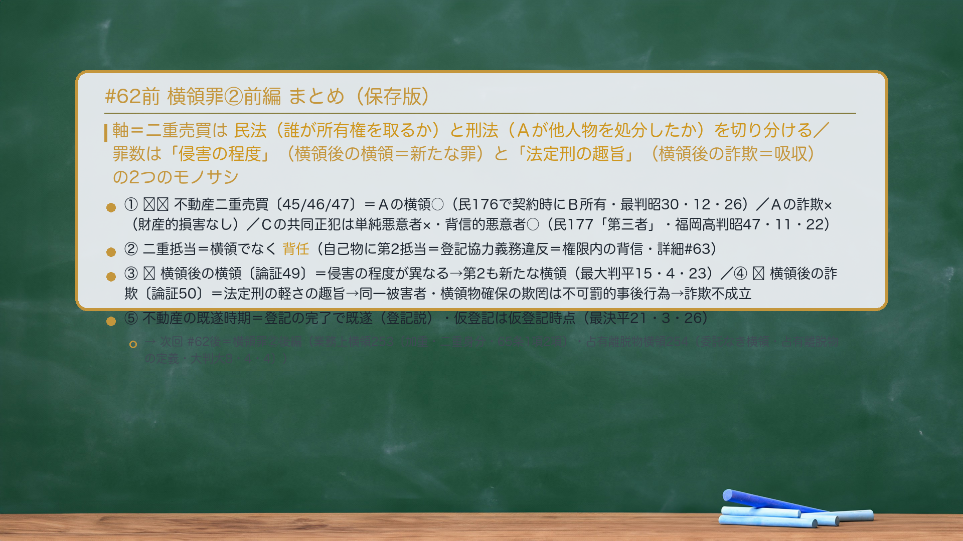 #62前 横領罪②前編 まとめ。軸=二重売買は民法(誰が所有権を取るか)と刑法(Aが他人物を処分したか)を切り分ける/罪数は「侵害の程度」(横領後の横領=新たな罪)と「法定刑の趣旨」(横領後の詐欺=吸収)の2つのモノサシ。①🔴🔴不動産二重売買〔論証45/46/47〕=Aの横領○(民176で契約時にB所有・最判昭30・12・26)/Aの詐欺×(財産的損害なし)/Cの共同正犯は単純悪意者×・背信的悪意者○(民177「第三者」・福岡高判昭47・11・22)。②二重抵当=横領でなく背任(自己物に第2抵当=登記協力義務違反=権限内の背信・詳細#63)。③🔴横領後の横領〔論証49〕=侵害の程度が異なる→第2も新たな横領(最大判平15・4・23)。④🔴横領後の詐欺〔論証50〕=法定刑の軽さの趣旨→同一被害者・横領物確保の欺罔は不可罰的事後行為→詐欺不成立。⑤不動産の既遂時期=登記の完了で既遂(登記説)・仮登記は仮登記時点(最決平21・3・26)。→次回#62後=横領罪②後編(業務上横領253〔加重・二重身分・65条1項2項〕・占有離脱物横領254〔委託なき横領・占有離脱物の定義・大判大8・4・4〕)。