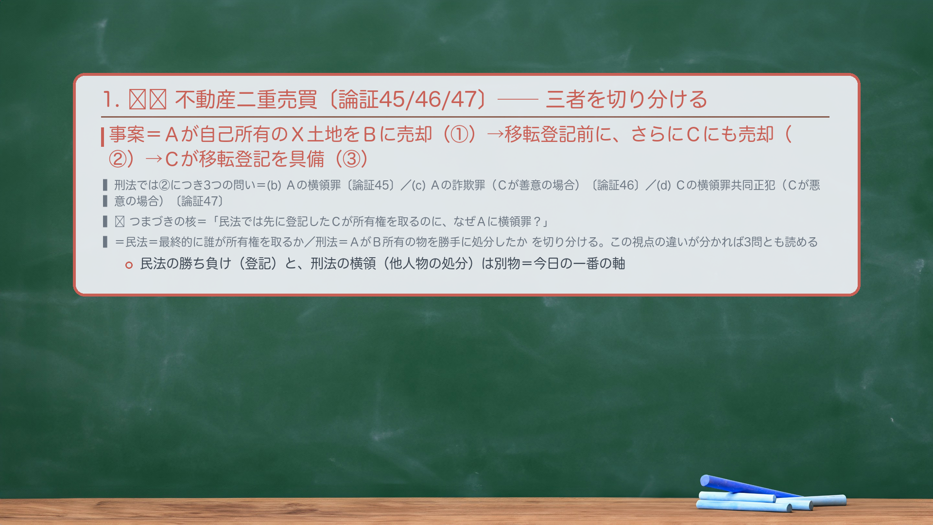 1. 🔴🔴 不動産二重売買(二重譲渡)〔論証45/46/47〕。事案=Aが自己所有のX土地をBに売却(①)→移転登記がなされる前に、さらにCにも売却(②)→Cが移転登記を具備(③)。刑法では②につき3つの問いが立つ=(b)Aの横領罪〔論証45〕/(c)Aの詐欺罪(Cが善意の場合)〔論証46〕/(d)Cの横領罪共同正犯(Cが悪意の場合)〔論証47〕。🔴 つまづきの核=「民法では先に登記したCが所有権を取るのに、なぜAに横領罪?」=民法=最終的に誰が所有権を取るか/刑法=Aが他人B所有の物を勝手に処分したかを切り分ける。この視点の違いが分かれば3問とも読める。