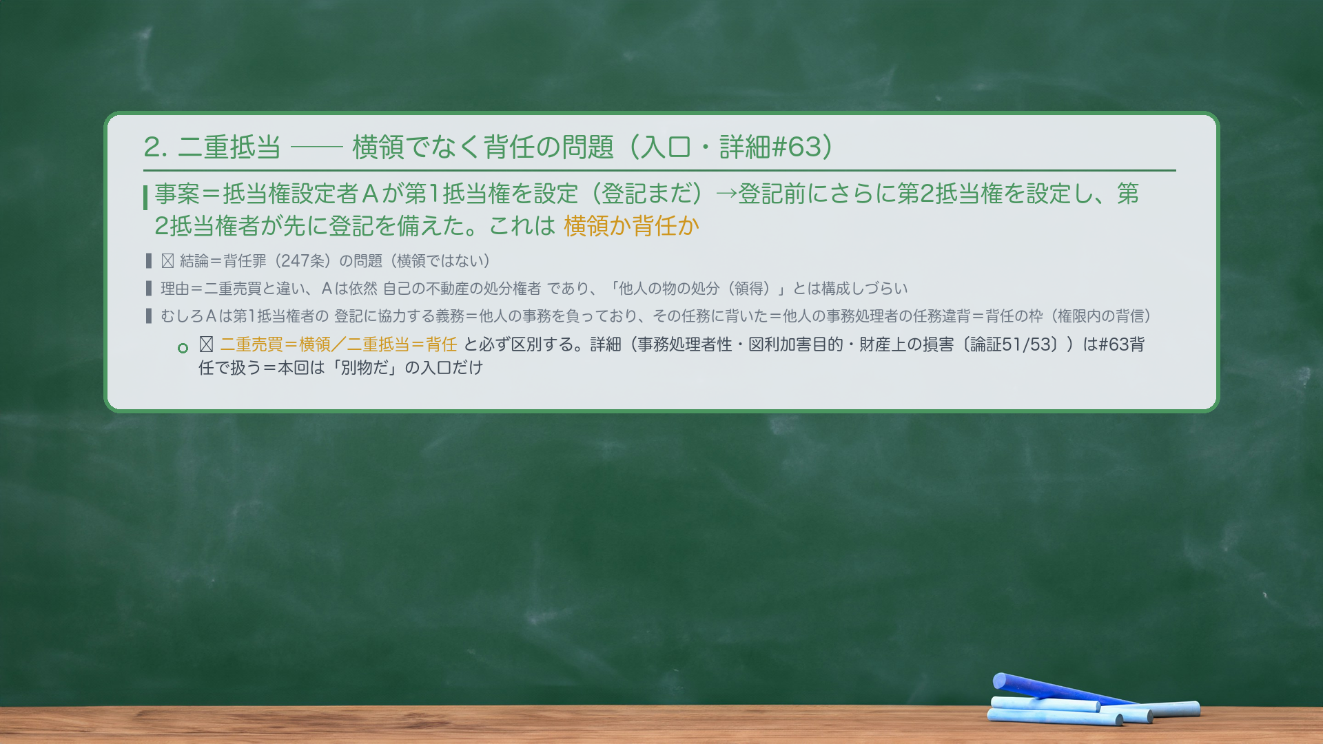 2. 二重抵当——横領でなく背任の問題(#63リンク・入口のみ)。事案=抵当権設定者Aが、第1抵当権を設定(登記まだ)→登記前にさらに第2抵当権を設定し、第2抵当権者が先に登記を備えた。これは横領か背任か。🔴 結論=背任罪の問題(横領ではない)。理由=二重売買と違い、Aは依然自己の不動産の処分権者であり、「他人の物の処分(領得)」とは構成しづらい。むしろAは第1抵当権者の登記に協力する義務=他人の事務を負っており、その任務に背いた=他人の事務処理者の任務違背=背任の枠(247条)。🔴 二重売買=横領/二重抵当=背任、と必ず区別する。詳細(事務処理者性・図利加害目的・財産上の損害〔論証51/53〕)は#63背任で扱う。本回は「別物だ」という入口だけ。