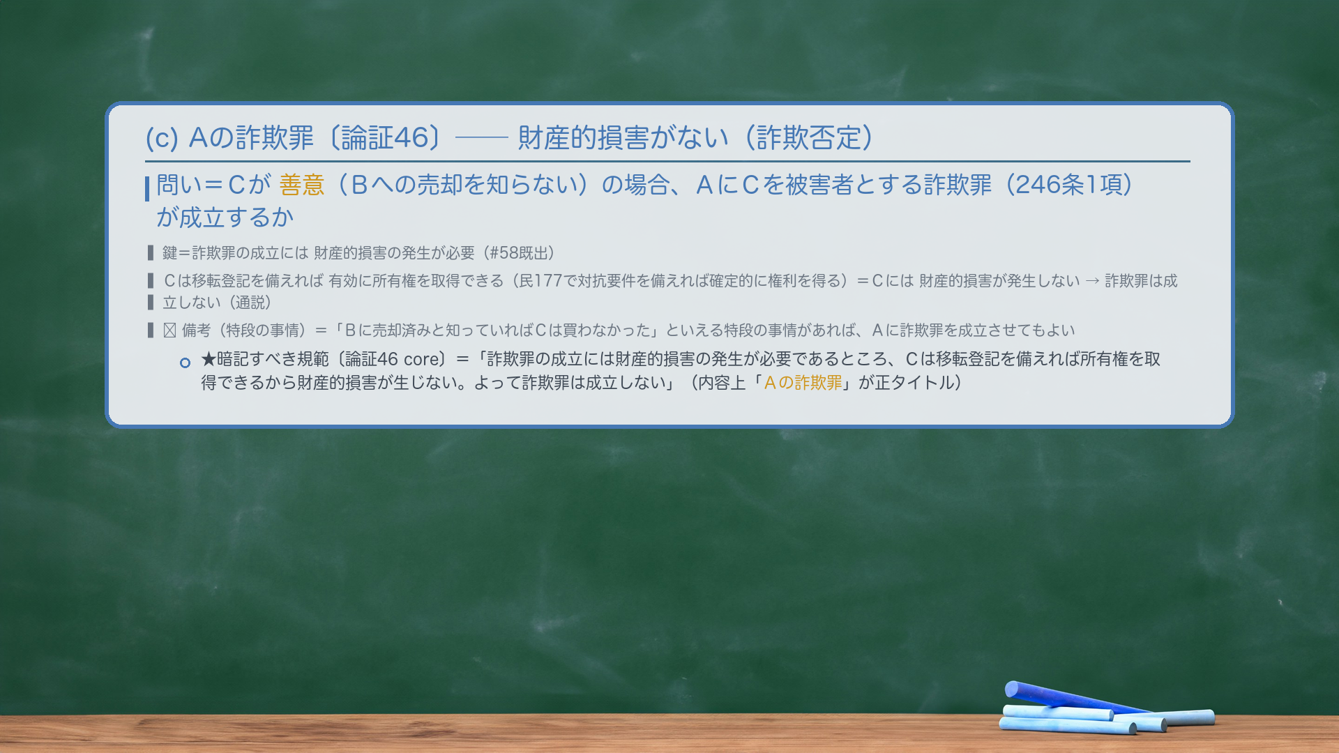 (c) Aの詐欺罪〔論証46〕。問い=Cが善意(Bへの売却を知らない)の場合、AにCを被害者とする詐欺罪(246条1項)が成立するか。鍵=詐欺罪の成立には財産的損害の発生が必要(#58既出)。Cは移転登記を備えれば有効に所有権を取得できる(民177で対抗要件を備えれば確定的に権利を得る)=Cには財産的損害が発生しない→詐欺罪は成立しない(通説)。🔴 備考(特段の事情)=「Bに売却済みと知っていればCは買わなかった」といえる特段の事情がある場合は、Aに詐欺罪を成立させてもよい。★暗記すべき規範〔論証46 core〕=「詐欺罪の成立には財産的損害の発生が必要であるところ、Cは移転登記を備えれば所有権を取得できるから財産的損害が生じない。よって詐欺罪は成立しない。」(🔴 内容上「Aの詐欺罪」=論証46が正タイトル)