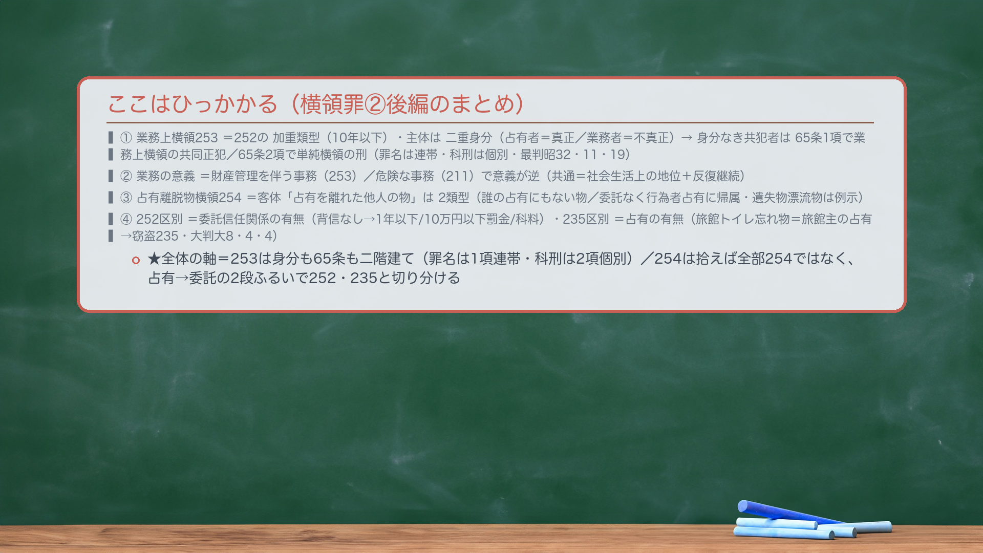 ここはひっかかる(横領罪②後編のまとめ)。①🔴🔴業務上横領253=252の加重類型(10年以下)・主体は二重身分(占有者=真正身分/業務者=不真正身分)→身分なき共犯者は65条1項で業務上横領の共同正犯/65条2項で単純横領の刑(罪名は連帯・科刑は個別・最判昭32・11・19)。②業務の意義=財産管理を伴う事務(253)/危険な事務(211)で意義が逆(共通=社会生活上の地位+反復継続)。③🔴占有離脱物横領254=客体「占有を離れた他人の物」は2類型(誰の占有にもない物/委託なく行為者占有に帰属・遺失物漂流物は例示)。④🔴252区別=委託信任関係の有無(背信なし→1年以下/10万円以下罰金/科料)・🔴235区別=占有の有無(旅館トイレ忘れ物=旅館主の占有→窃盗235・大判大8・4・4)。★全体の軸=253は身分も65条も二階建て(罪名は1項連帯・科刑は2項個別)/254は拾えば全部254ではなく、占有→委託の2段ふるいで252・235と切り分ける。