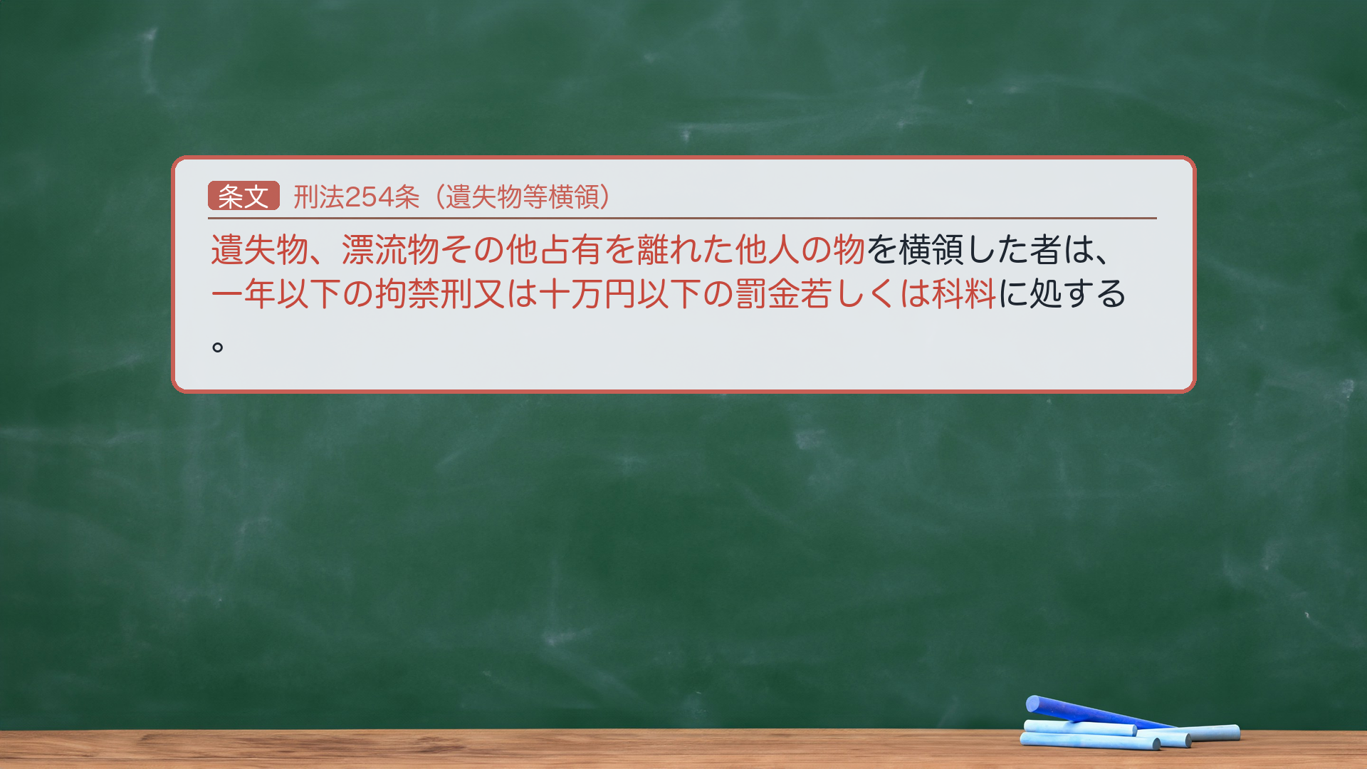 占有離脱物横領罪の条文を全文で確認(254条・e-Gov現行 一字一致)。「遺失物、漂流物その他占有を離れた他人の物」「一年以下の拘禁刑又は十万円以下の罰金若しくは科料」がハイライト。🔴 罰金10万円・科料の併記を削らない。法定刑が極端に軽い(252=5年以下/253=10年以下と比べて段違い)=委託信任関係への背信がないため。