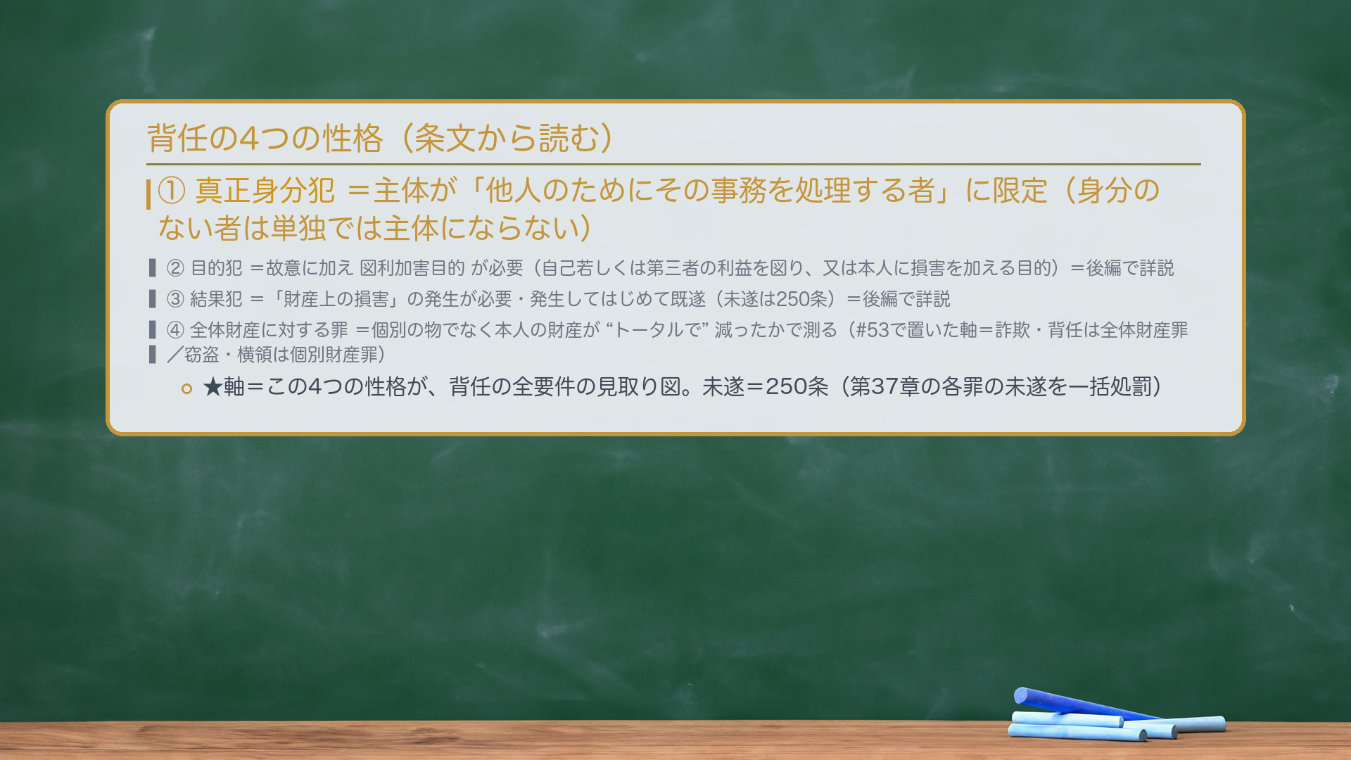 背任罪の4つの性格(条文から読む)。①真正身分犯=主体が「他人のためにその事務を処理する者」に限定(身分のない者は単独では主体にならない)。②目的犯=故意に加え図利加害目的が必要(後編)。③結果犯=「財産上の損害」の発生が必要・発生してはじめて既遂(後編)。④全体財産に対する罪=個別の物でなく本人の財産が"トータルで"減ったかで測る(#53で置いた軸=詐欺・背任は全体財産罪/窃盗・横領は個別財産罪)。未遂=250条(247を含む第37章の各罪の未遂を一括処罰)。★軸=この4つの性格が、背任の全要件の見取り図。