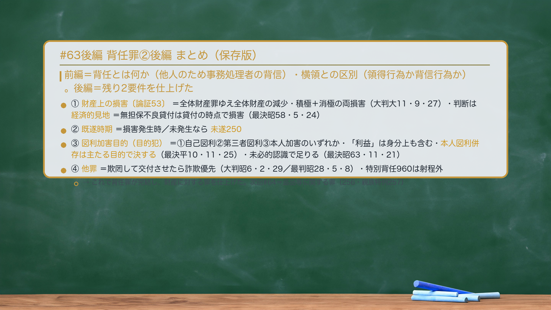 #63後編 背任罪②後編 まとめ。前編=背任とは何か(他人のため事務処理者の背信)・横領との区別(領得行為か背信行為か)。後編=残り2要件を仕上げた。①🔴🔴財産上の損害〔論証53〕=全体財産罪ゆえ全体財産の減少が必要・積極+消極の両損害(大判大11・9・27)・判断基準は経済的見地=回収見込みのない無担保貸付は貸付の時点で損害(最決昭58・5・24)。②既遂時期=損害発生時/未発生なら未遂250。③🔴図利加害目的(目的犯)=①自己図利②第三者図利③本人加害のいずれか必須・「利益」は身分上の利益も含む・本人図利併存は主たる目的で決する(最決平10・11・25)・未必的認識で足りる(最決昭63・11・21)。④🔴他罪=欺罔して交付させたら詐欺優先(大判昭6・2・29/最判昭28・5・8)・特別背任960は射程外。これで背任罪が完結し、財産に対する罪を仕上げた。→次回#64=盗品等に関する罪(256・親族特例257)。