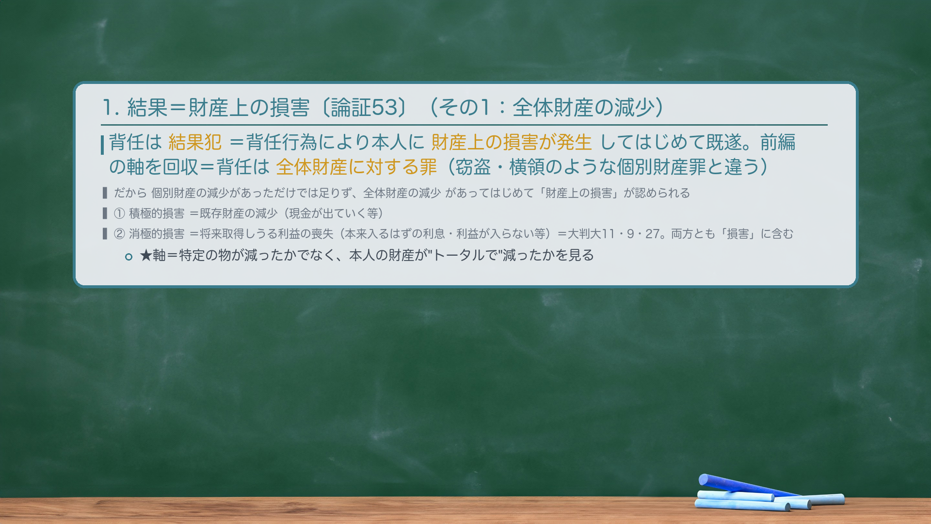 1. 🔴🔴 結果=財産上の損害〔論証53〕(その1:全体財産の減少)。背任は結果犯=背任行為により本人に財産上の損害が発生してはじめて既遂。ここで前編で置いた軸を回収=背任は全体財産に対する罪(窃盗・横領のような個別財産罪と違う)。だから🔴個別財産の減少があっただけでは足りず、全体財産の減少があってはじめて「財産上の損害」が認められる。「財産上の損害」の中身は2つ=①積極的損害=既存財産の減少(現金が出ていく等)/②消極的損害=将来取得しうる利益の喪失(本来入るはずの利息・利益が入らない等)=大判大11・9・27。両方とも「損害」に含む。★軸=特定の物が減ったかでなく、本人の財産が"トータルで"減ったかを見る。