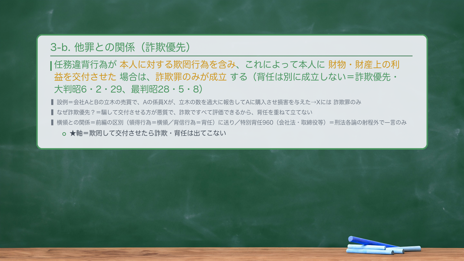 3-b. 🔴 他罪との関係(詐欺優先)。任務違背行為が本人に対する欺罔行為を含み、これによって本人に財物・財産上の利益を交付させた場合は、詐欺罪のみが成立する(背任は別に成立しない=詐欺優先・大判昭6・2・29、最判昭28・5・8)。設例=会社AとBの立木の売買で、Aの係員Xが、立木の数を過大に報告してAに購入させ損害を与えた→Xには詐欺罪のみ。🔴 なぜ詐欺優先?=騙して交付させる方が悪質で、詐欺ですべて評価できるから、背任を重ねて立てない。横領との関係=前編の区別(領得行為=横領/背信行為=背任)に送り。特別背任960(会社法・取締役等)=刑法各論の射程外で一言のみ。★軸=欺罔して交付させたら詐欺・背任は出てこない。