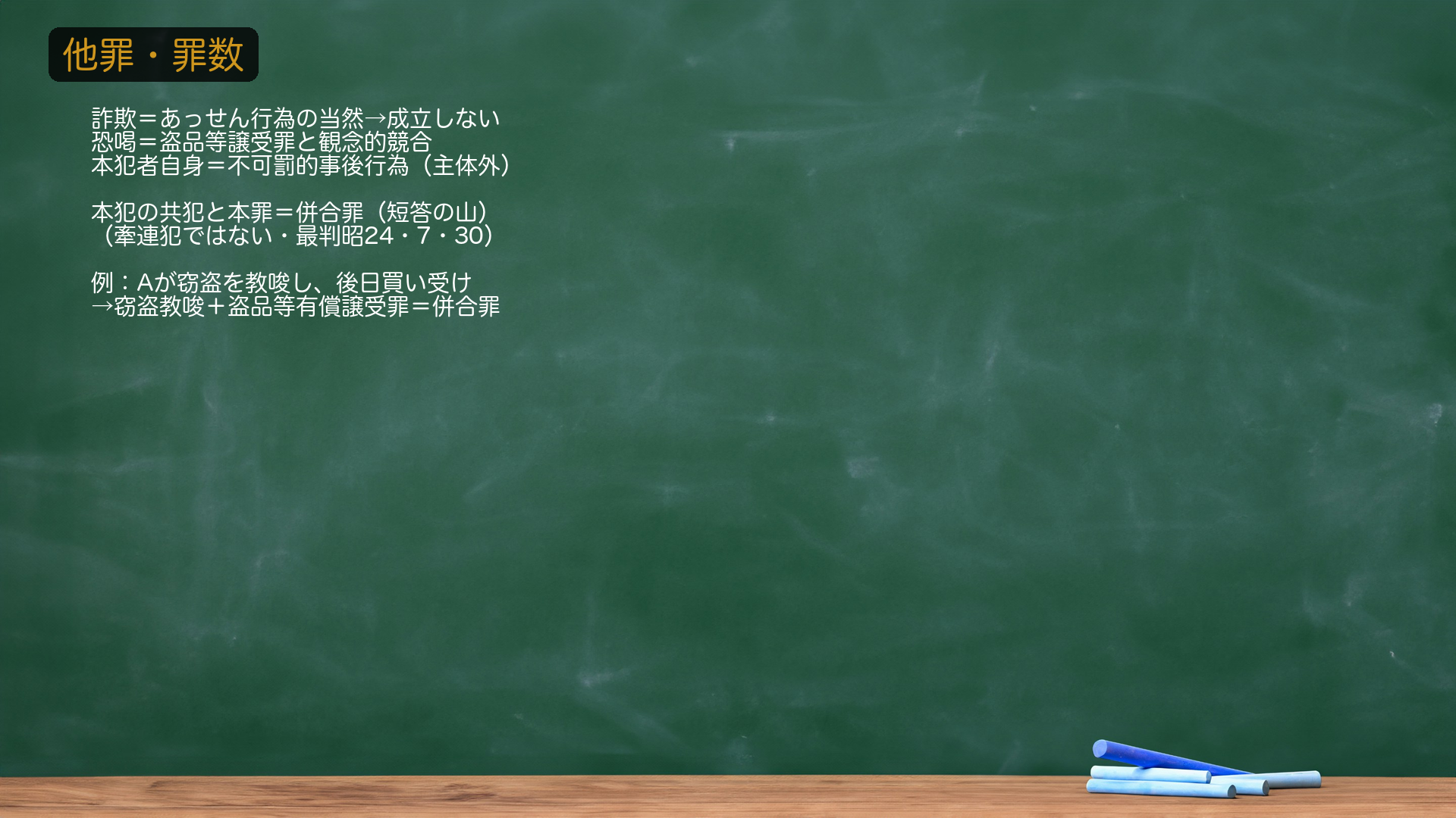 5. 🔴 他罪との関係・罪数。(ア)詐欺=有償処分あっせんをした者が、情を知らない相手方から代金を受領しても、それはあっせんの当然の行為だから詐欺は成立しない(判例・通説)。(イ)恐喝=盗品の所持者を恐喝して交付を受けた場合は、盗品等譲受罪と恐喝罪が観念的競合(判例・通説)。(ウ)本犯者自身=本犯者が盗品の保管等をしても、不可罰的事後行為で本罪は成立しない(主体外)。(エ)🔴🔴本犯の教唆犯・幇助犯と本罪=併合罪(最判昭24・7・30)。例=AがBに窃盗を教唆し、後日AがBから盗品を買い受けた→Aには窃盗教唆+盗品等有償譲受罪が成立し、両者は牽連犯ではなく併合罪。★軸=(エ)が短答の山=本犯の共犯と本罪は牽連犯でなく併合罪。
