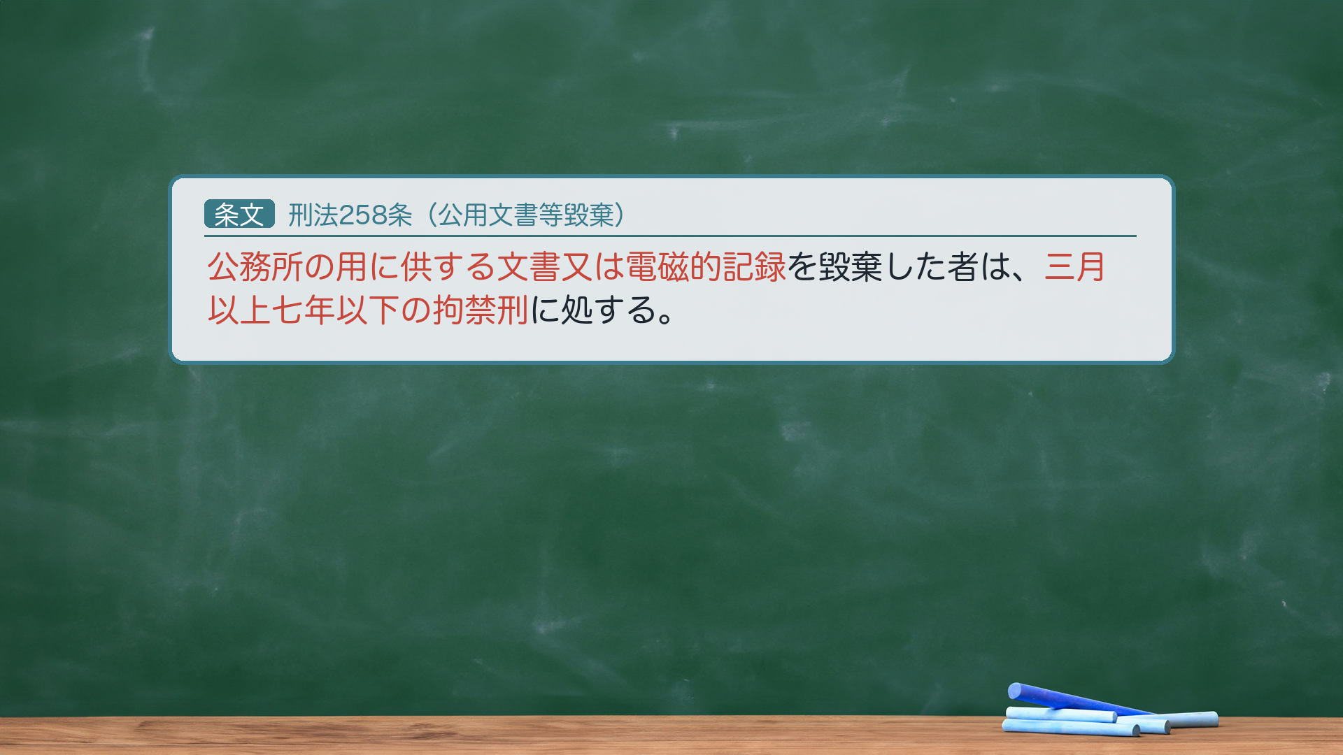 🔴 約束③ 条文全文|刑法258条(公用文書等毀棄)。「公務所の用に供する文書又は電磁的記録を毀棄した者は、三月以上七年以下の拘禁刑に処する。」🔴 客体=公用文書=公務所が事務処理上保管・使用する文書なら、公文書・私文書を問わず全て客体(公務員が作った文書に限らない/私人が作って役所に提出・保管された文書も含む)。🔴 文書偽造罪(155等)の「公文書」と混同しない=偽造罪の公文書は「公務所・公務員が作成する文書」(作成主体で画する)/本罪の公用文書は「公務所が用に供する文書」(用途・保管で画する)=視点が違う。法定刑は他の毀棄罪より重い(公務の保護)。非親告罪(264の列挙外)。🔴 法定刑は拘禁刑。e-Gov現行(140AC0000000045)と一字一致。★軸=「公務所が使う文書」なら公私問わず客体/作る人で決める偽造罪の公文書とは別。