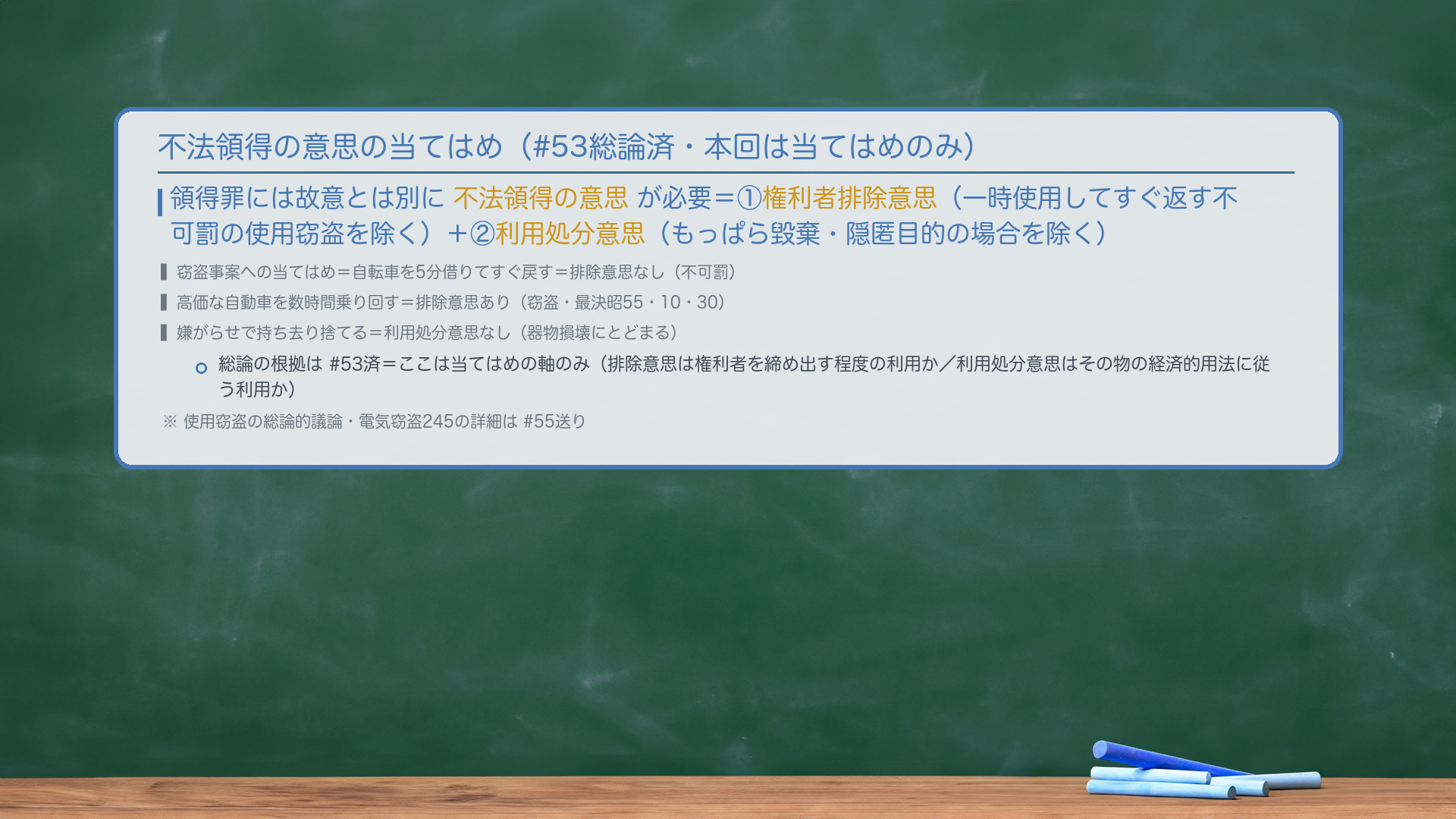 不法領得の意思の当てはめ(#53総論済・本回は当てはめのみ)。領得罪には故意とは別に不法領得の意思が必要=権利者排除意思(一時使用してすぐ返す不可罰の使用窃盗を除く)+利用処分意思(もっぱら毀棄・隠匿目的の場合を除く)。窃盗事案への当てはめ=自転車を5分借りてすぐ戻す=排除意思なし(不可罰)/高価な自動車を数時間乗り回す=排除意思あり(窃盗・最決昭55・10・30)/嫌がらせで持ち去り捨てる=利用処分意思なし(器物損壊にとどまる)。総論の根拠は#53済=ここは当てはめの軸のみ。使用窃盗の総論的議論・電気窃盗245の詳細は#55。