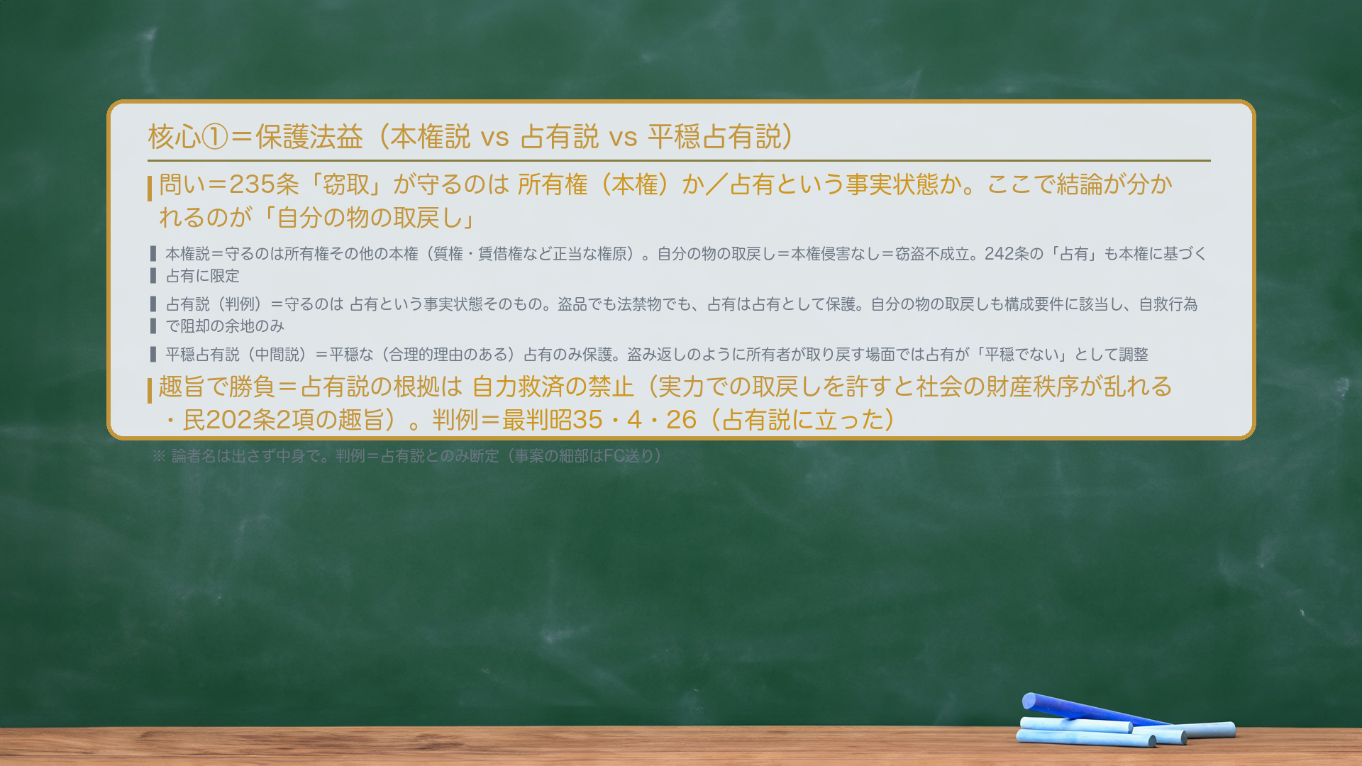 核心①=保護法益。問い=235条「窃取」が守るのは所有権(本権)か/占有という事実状態か。ここで結論が分かれるのが「自分の物の取戻し」。本権説=守るのは所有権その他の本権(質権・賃借権など正当な権原)。自分の物の取戻し=本権侵害なし=窃盗不成立。242条の「占有」も本権に基づく占有に限定。占有説(判例)=守るのは占有という事実状態そのもの。盗品でも法禁物でも、占有は占有として保護。自分の物の取戻しも構成要件に該当し、自救行為で阻却の余地のみ。平穏占有説(中間説)=平穏な(合理的理由のある)占有のみ保護。趣旨で勝負=占有説の根拠は自力救済の禁止(実力での取戻しを許すと社会の財産秩序が乱れる・民202条2項の趣旨)。判例=最判昭35・4・26(占有説に立った)。