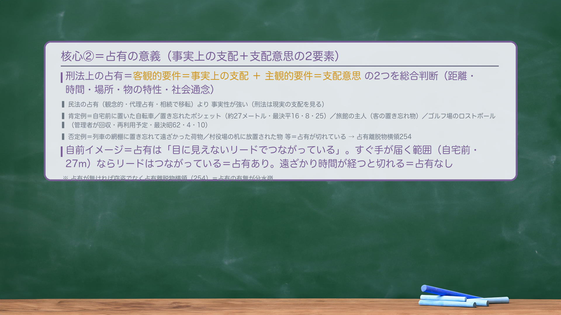 核心②=占有の意義。刑法上の占有=客観的要件=事実上の支配+主観的要件=支配意思の2つを総合判断(距離・時間・場所・物の特性・社会通念)。民法の占有(観念的・代理占有・相続で移転)より事実性が強い(刑法は現実の支配を見る)。肯定例=自宅前に置いた自転車/置き忘れたポシェット(約27メートル・最決平16・8・25)/旅館の主人(客の置き忘れ物)/ゴルフ場のロストボール(管理者が回収・再利用予定・最決昭62・4・10)。否定例=列車の網棚に置き忘れて遠ざかった荷物/村役場の机に放置された物 等=占有が切れている→占有離脱物横領254。自前イメージ=占有は「目に見えないリードでつながっている」。すぐ手が届く範囲(自宅前・27m)ならリードはつながっている=占有あり。遠ざかり時間が経つと切れる=占有なし。