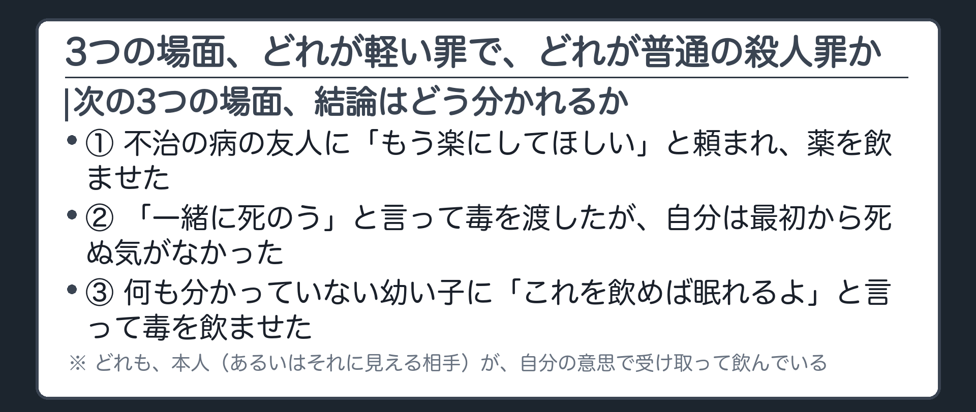 3つの場面、どれが軽い罪で、どれが普通の殺人罪か