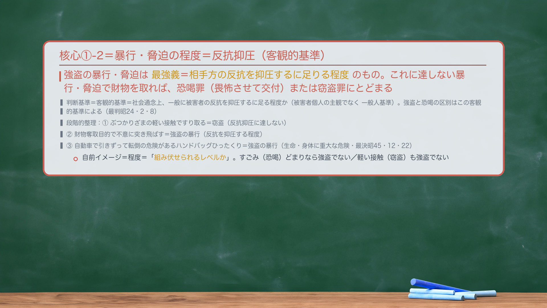 核心①-2=暴行・脅迫の程度。強盗の暴行・脅迫は最強義=相手方の反抗を抑圧するに足りる程度のもの。これに達しない暴行・脅迫で財物を取れば、恐喝罪(畏怖させて交付)または窃盗罪にとどまる。判断基準=客観的基準=社会通念上、一般に被害者の反抗を抑圧するに足る程度か(被害者個人の主観でなく一般人基準)。強盗と恐喝の区別はこの客観的基準による(最判昭24・2・8)。段階的整理=①ぶつかりざまの軽い接触ですり取る=窃盗(反抗抑圧に達しない)/②財物奪取目的で不意に突き飛ばす=強盗の暴行(反抗を抑圧する程度)/③自動車で引きずって転倒の危険があるハンドバッグひったくり=強盗の暴行(生命・身体に重大な危険・最決昭45・12・22)。自前イメージ=程度=「組み伏せられるレベルか」。すごみ(恐喝)どまりなら強盗でない/軽い接触(窃盗)も強盗でない。