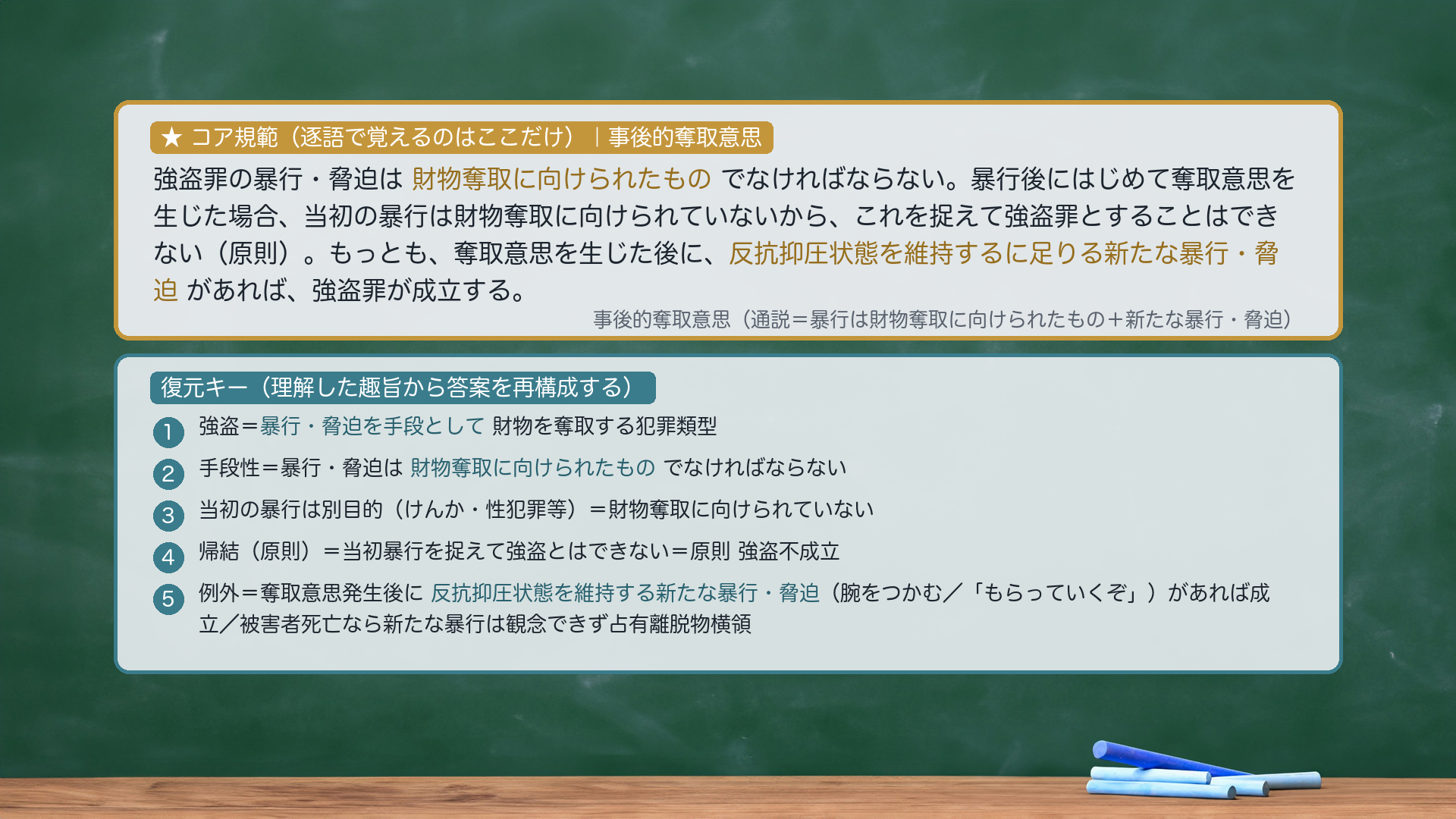 ★コア規範|事後的奪取意思。強盗罪の暴行・脅迫は財物奪取に向けられたものでなければならない。暴行後にはじめて奪取意思を生じた場合、当初の暴行は財物奪取に向けられていないから、これを捉えて強盗罪とすることはできない(原則)。もっとも、奪取意思を生じた後に、反抗抑圧状態を維持するに足りる新たな暴行・脅迫があれば、強盗罪が成立する。復元キー=①強盗=暴行・脅迫を手段として財物を奪取する犯罪類型②手段性=暴行・脅迫は財物奪取に向けられたものでなければならない③当初の暴行は別目的=財物奪取に向けられていない④帰結(原則)=当初暴行を捉えて強盗とはできない=原則 強盗不成立⑤例外=奪取意思発生後に反抗抑圧状態を維持する新たな暴行・脅迫(腕をつかむ/「もらっていくぞ」)があれば成立/被害者死亡なら新たな暴行は観念できず占有離脱物横領。圧縮根拠=逐語固定は採点キーワード(暴行・脅迫を手段として/財物奪取に向けられたもの/新たな暴行・脅迫/反抗抑圧状態を維持)のみ。
