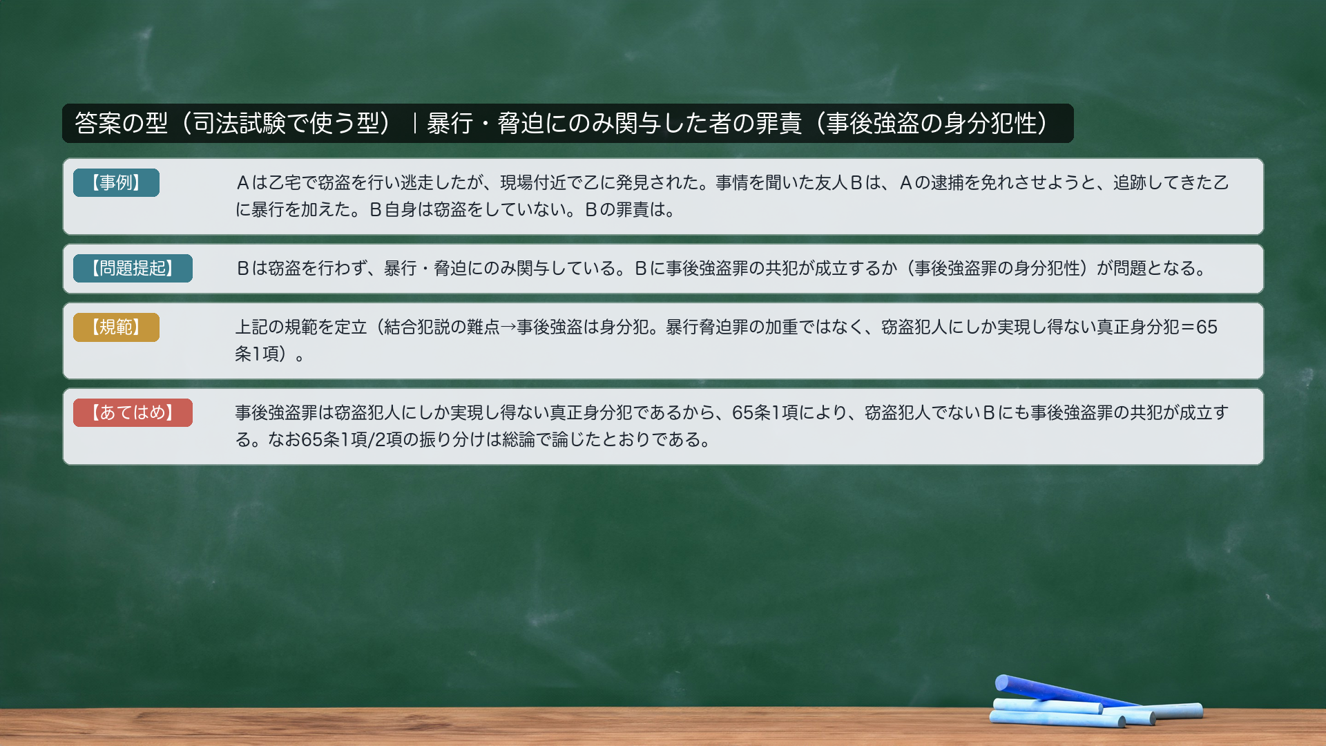 答案の型|暴行・脅迫にのみ関与した者の罪責(事後強盗の身分犯性)。【事例】Aは乙宅で窃盗を行い逃走したが、現場付近で乙に発見された。事情を聞いた友人Bは、Aの逮捕を免れさせようと、追跡してきた乙に暴行を加えた。B自身は窃盗をしていない。Bの罪責は。【問題提起】Bは窃盗を行わず、暴行・脅迫にのみ関与している。Bに事後強盗罪の共犯が成立するか(事後強盗罪の身分犯性)が問題となる。【規範】結合犯説の難点→事後強盗は身分犯。暴行脅迫罪の加重ではなく、窃盗犯人にしか実現し得ない真正身分犯=65条1項。【あてはめ】事後強盗罪は窃盗犯人にしか実現し得ない真正身分犯であるから、65条1項により、窃盗犯人でないBにも事後強盗罪の共犯が成立する。なお65条1項/2項の振り分けは総論で論じたとおりである。