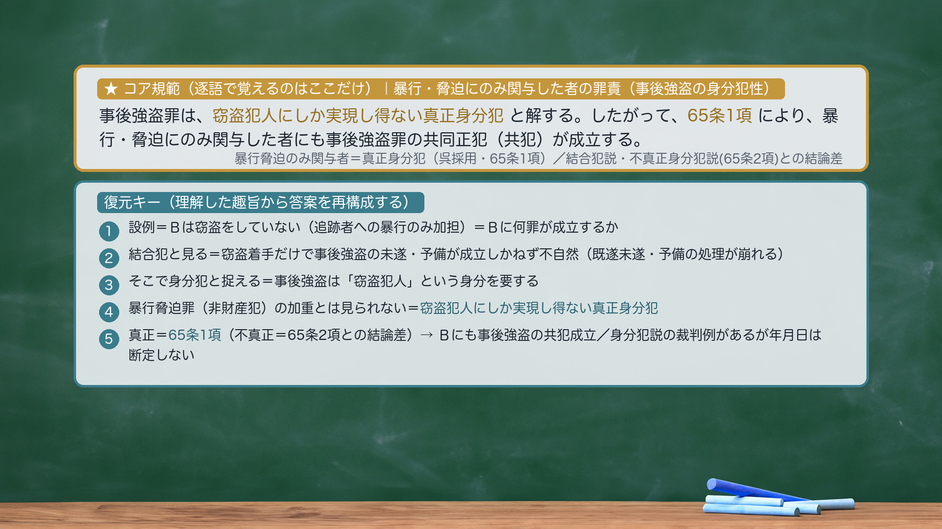 ★コア規範|暴行・脅迫にのみ関与した者の罪責(事後強盗の身分犯性)。事後強盗罪は、窃盗犯人にしか実現し得ない真正身分犯と解する。したがって、65条1項により、暴行・脅迫にのみ関与した者にも事後強盗罪の共同正犯(共犯)が成立する。復元キー=①設例=Bは窃盗をしていない(追跡者への暴行のみ加担)=Bに何罪が成立するか②結合犯と見る=窃盗着手だけで事後強盗の未遂・予備が成立しかねず不自然③そこで身分犯と捉える=事後強盗は「窃盗犯人」という身分を要する④暴行脅迫罪(非財産犯)の加重とは見られない=窃盗犯人にしか実現し得ない真正身分犯⑤真正=65条1項(不真正=65条2項との結論差)→Bにも事後強盗の共犯成立/身分犯説の裁判例があるが年月日は断定しない。圧縮根拠=逐語固定は採点キーワード(窃盗犯人にしか実現し得ない真正身分犯/65条1項)のみ。