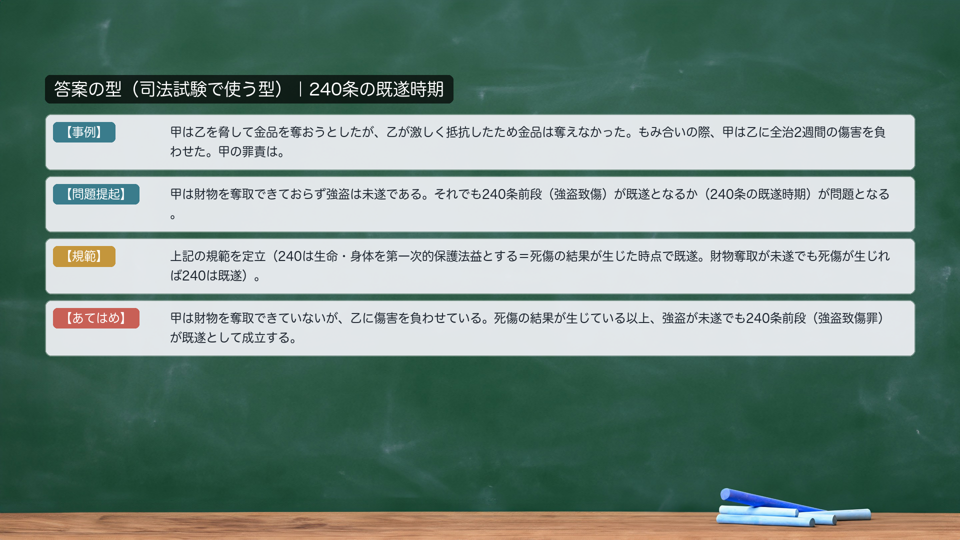 答案の型|240条の既遂時期。【事例】甲は乙を脅して金品を奪おうとしたが、乙が激しく抵抗したため金品は奪えなかった。もみ合いの際、甲は乙に全治2週間の傷害を負わせた。甲の罪責は。【問題提起】甲は財物を奪取できておらず強盗は未遂である。それでも240条前段(強盗致傷)が既遂となるか(240条の既遂時期)が問題となる。【規範】240は生命・身体を第一次的保護法益とする=死傷の結果が生じた時点で既遂。財物奪取が未遂でも死傷が生じれば240は既遂。【あてはめ】甲は財物を奪取できていないが、乙に傷害を負わせている。死傷の結果が生じている以上、強盗が未遂でも240条前段(強盗致傷罪)が既遂として成立する。