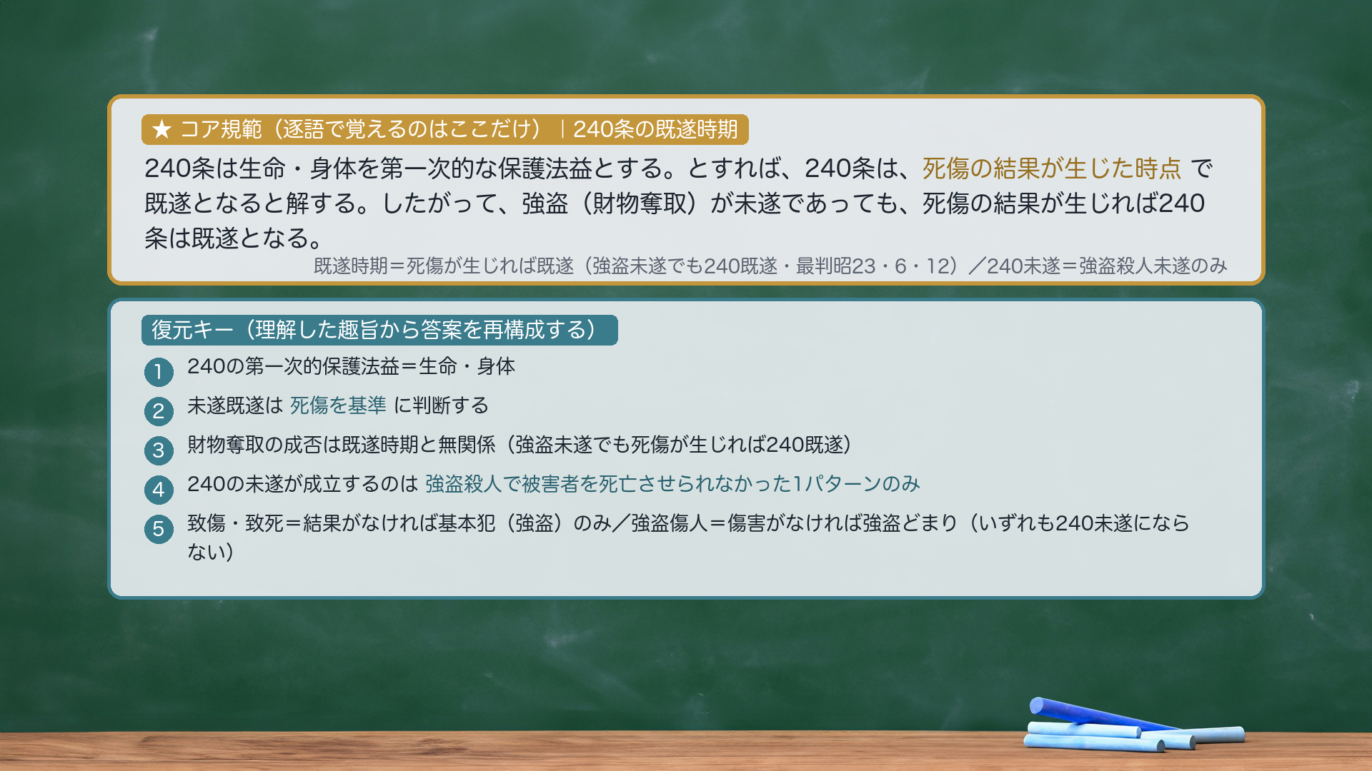 ★コア規範|240条の既遂時期。240条は生命・身体を第一次的な保護法益とする。とすれば、240条は、死傷の結果が生じた時点で既遂となると解する。したがって、強盗(財物奪取)が未遂であっても、死傷の結果が生じれば240条は既遂となる。復元キー=①240の第一次的保護法益=生命・身体②未遂既遂は死傷を基準に判断③財物奪取の成否は既遂時期と無関係④240の未遂が成立するのは強盗殺人で被害者を死亡させられなかった1パターンのみ(致傷・致死=結果がなければ基本犯のみ/強盗傷人=傷害がなければ強盗どまり)。圧縮根拠=逐語固定は採点キーワード(死傷の結果が生じた時点で既遂)のみ。