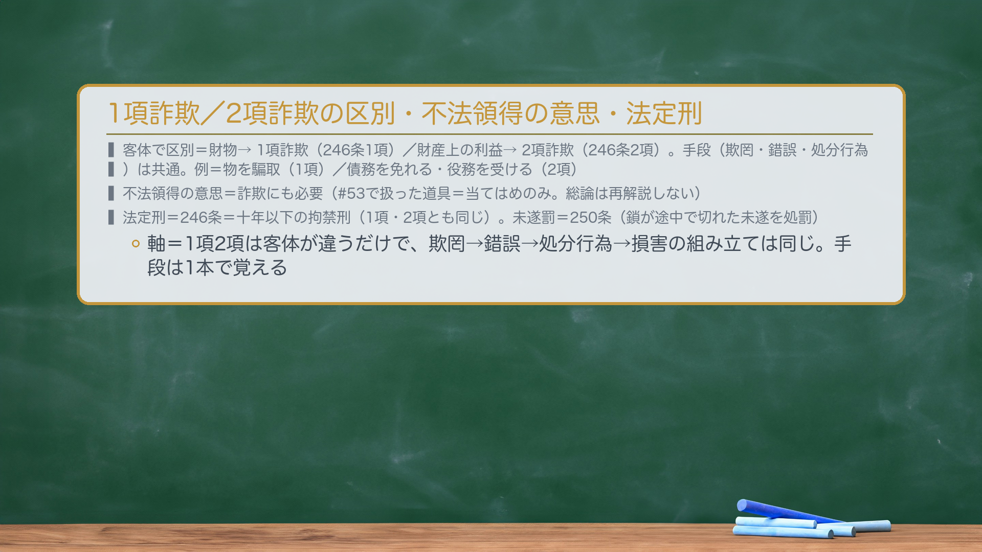 1項詐欺/2項詐欺の区別・不法領得の意思・法定刑。客体で区別=財物→1項詐欺(246条1項)/財産上の利益→2項詐欺(246条2項)。手段(欺罔・錯誤・処分行為)は共通。例=物を騙取(1項)/債務を免れる・役務を受ける(2項)。不法領得の意思=詐欺にも必要(#53で扱った道具=当てはめのみ。総論は再解説しない)。法定刑=246条=十年以下の拘禁刑(1項・2項とも同じ)。未遂罰=250条(鎖が途中で切れた未遂を処罰)。軸=1項2項は客体が違うだけで、欺罔→錯誤→処分行為→損害の組み立ては同じ。手段は1本で覚える。