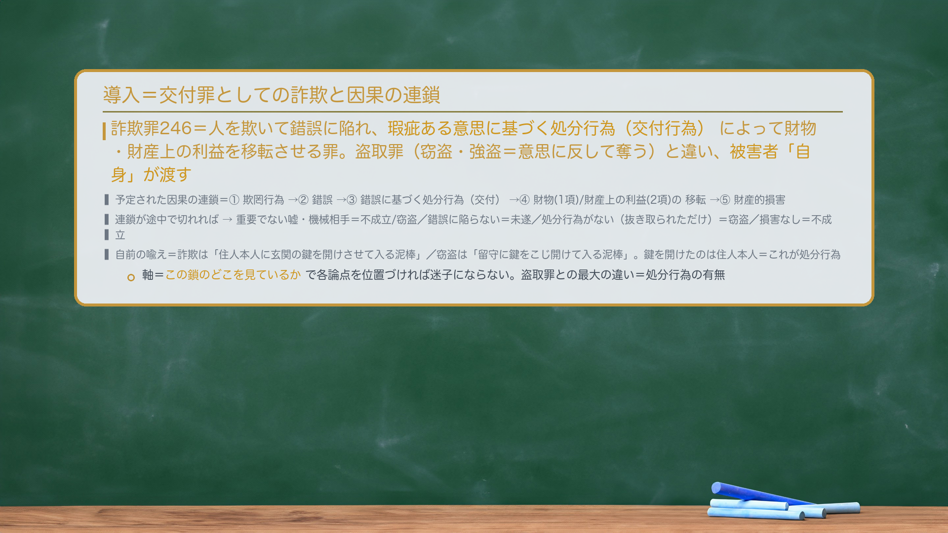 導入=交付罪としての詐欺と因果の連鎖。詐欺罪246=人を欺いて錯誤に陥れ、瑕疵ある意思に基づく処分行為(交付行為)によって財物・財産上の利益を移転させる罪。盗取罪(窃盗・強盗=意思に反して奪う)と違い、被害者「自身」が渡す。予定された因果の連鎖=①欺罔行為→②錯誤→③錯誤に基づく処分行為(交付)→④財物(1項)/財産上の利益(2項)の移転→⑤財産的損害。連鎖が途中で切れれば→重要でない嘘・機械相手=不成立/窃盗/錯誤に陥らない=未遂/処分行為がない(抜き取られただけ)=窃盗/損害なし=不成立。自前の喩え=詐欺は「住人本人に玄関の鍵を開けさせて入る泥棒」/窃盗は「留守に鍵をこじ開けて入る泥棒」。鍵を開けたのは住人本人=これが処分行為。軸=この鎖のどこを見ているかで各論点を位置づける。盗取罪との最大の違い=処分行為の有無。