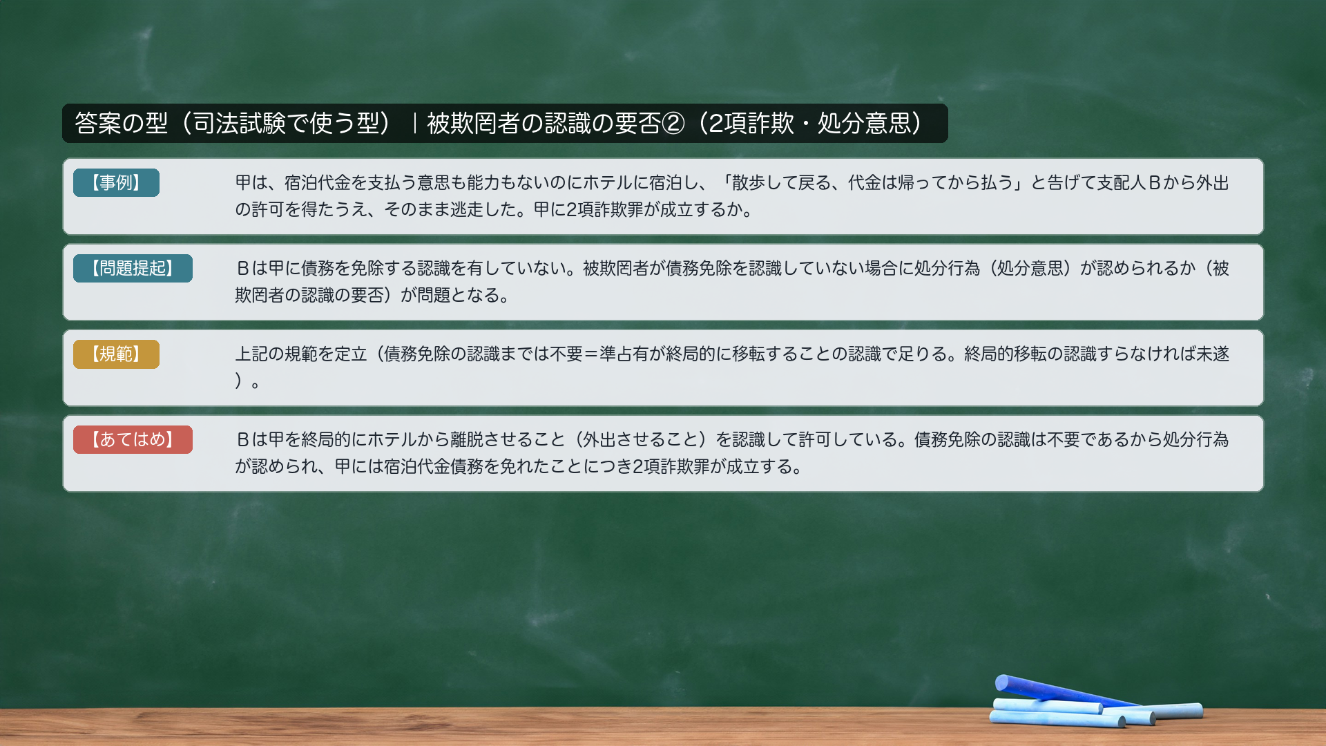 答案の型|被欺罔者の認識②(2項詐欺)。【事例】甲は、宿泊代金を支払う意思も能力もないのにホテルに宿泊し、「散歩して戻る、代金は帰ってから払う」と告げて支配人Bから外出の許可を得たうえ、そのまま逃走した。甲に2項詐欺罪が成立するか。【問題提起】Bは甲に債務を免除する認識を有していない。被欺罔者が債務免除を認識していない場合に処分行為(処分意思)が認められるか(被欺罔者の認識の要否)が問題となる。【規範】債務免除の認識までは不要=準占有が終局的に移転することの認識で足りる。終局的移転の認識すらなければ未遂。【あてはめ】Bは甲を終局的にホテルから離脱させること(外出させること)を認識して許可している。債務免除の認識は不要であるから処分行為が認められ、甲には宿泊代金債務を免れたことにつき2項詐欺罪が成立する。