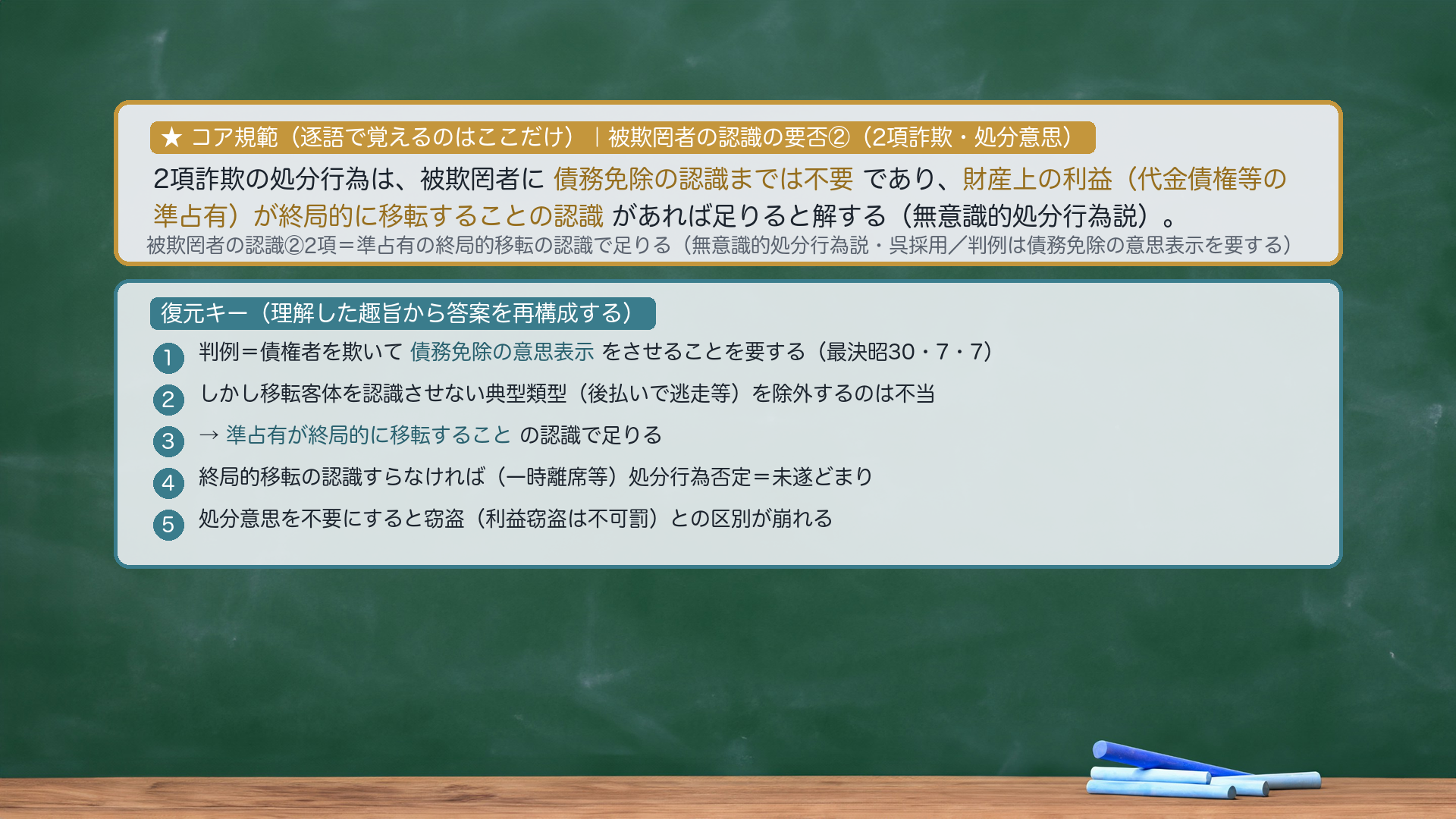 ★コア規範|被欺罔者の認識の要否②(2項詐欺・処分意思)。2項詐欺の処分行為は、被欺罔者に債務免除の認識までは不要であり、財産上の利益(代金債権等の準占有)が終局的に移転することの認識があれば足りると解する(無意識的処分行為説)。復元キー=①判例=債権者を欺いて債務免除の意思表示をさせることを要する(最決昭30・7・7)②しかし移転客体を認識させない典型類型(後払いで逃走等)を除外するのは不当③→準占有が終局的に移転することの認識で足りる④終局的移転の認識すらなければ(一時離席等)処分行為否定=未遂どまり⑤処分意思を不要にすると窃盗(利益窃盗は不可罰)との区別が崩れる。圧縮根拠=逐語固定は採点キーワード(債務免除の認識までは不要/準占有が終局的に移転することの認識)のみ。