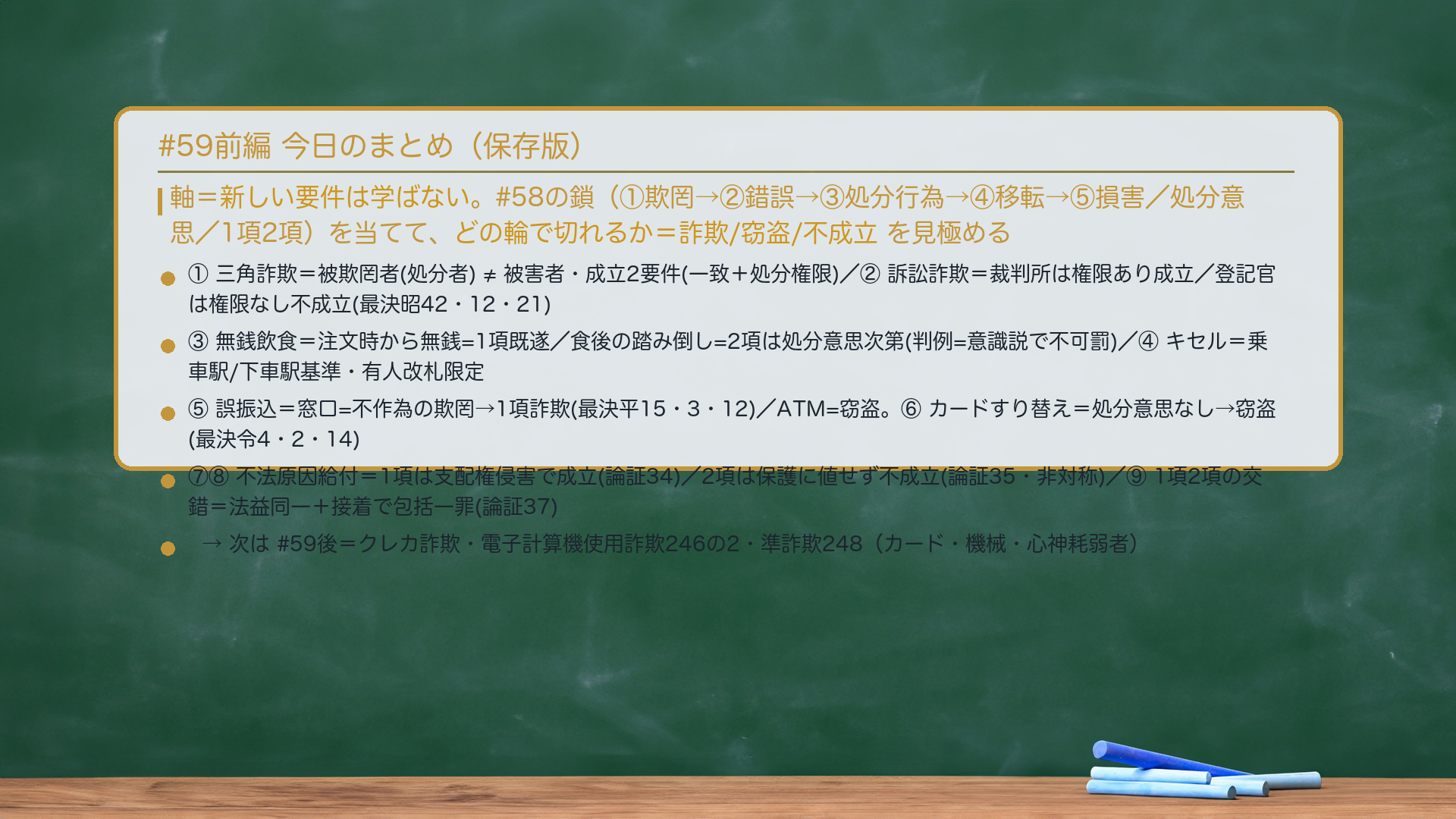 #59前編 まとめ。軸=新しい要件は学ばない。#58の鎖(①欺罔→②錯誤→③処分行為→④移転→⑤損害/処分意思/1項2項)を当てて、どの輪で切れるか=詐欺/窃盗/不成立を見極める。①三角詐欺=被欺罔者(処分者)≠被害者・成立2要件(一致+処分権限)。②訴訟詐欺=裁判所は権限あり成立/登記官は権限なし不成立(最決昭42・12・21)。③無銭飲食=注文時から無銭=1項既遂/食後の踏み倒し=2項は処分意思次第(判例=意識説で不可罰)。④キセル=乗車駅/下車駅基準・有人改札限定。⑤誤振込=窓口=不作為の欺罔→1項詐欺(最決平15・3・12)/ATM=窃盗。⑥カードすり替え=処分意思なし→窃盗(最決令4・2・14)。⑦⑧不法原因給付=1項は支配権侵害で成立(論証34)/2項は保護に値せず不成立(論証35・非対称)。⑨1項2項の交錯=法益同一+接着で包括一罪(論証37)。→次は#59後=クレカ詐欺・電子計算機使用詐欺246の2・準詐欺248(カード・機械・心神耗弱者)。