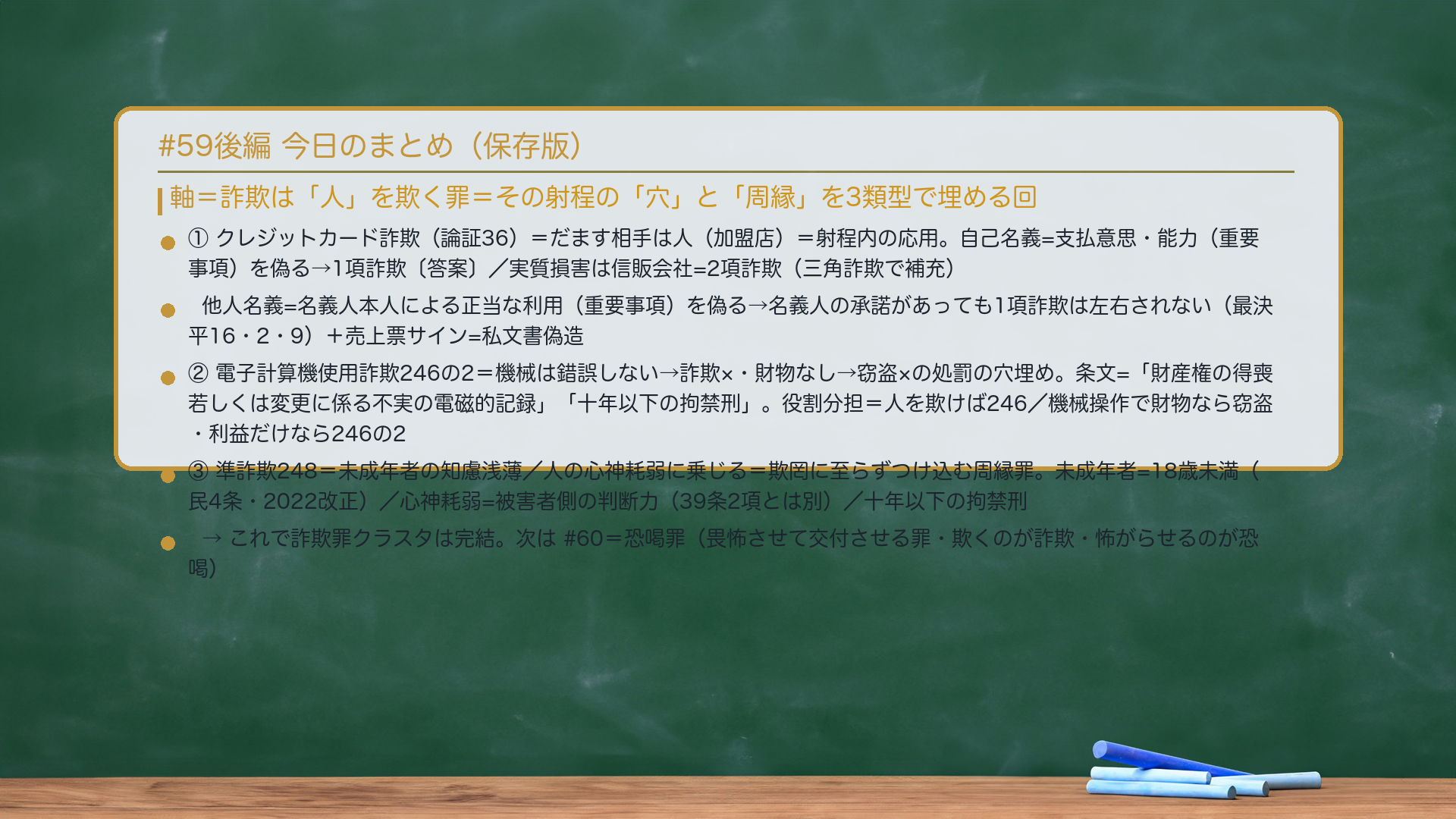 #59後編 まとめ。軸=詐欺は「人」を欺く罪=その射程の"穴"と"周縁"を3類型で埋める回。①クレジットカード詐欺(論証36)=だます相手は人(加盟店)=射程内の応用。自己名義=支払意思・能力(重要事項)を偽る→1項詐欺〔答案〕/実質損害は信販会社=2項詐欺(三角詐欺で補充)。他人名義=名義人本人による正当な利用(重要事項)を偽る→名義人の承諾があっても1項詐欺は左右されない(最決平16・2・9)+売上票サイン=私文書偽造。②電子計算機使用詐欺246の2=機械は錯誤しない→詐欺×・財物なし→窃盗×の処罰の穴埋め。条文=「財産権の得喪若しくは変更に係る不実の電磁的記録」「十年以下の拘禁刑」。役割分担=人を欺けば246/機械操作で財物なら窃盗・利益だけなら246の2。③準詐欺248=未成年者の知慮浅薄/人の心神耗弱に乗じる=欺罔に至らずつけ込む周縁罪。未成年者=18歳未満(民4条・2022改正)/心神耗弱=被害者側の判断力(39条2項とは別)/十年以下の拘禁刑。→これで詐欺罪クラスタは完結。次は#60=恐喝罪(畏怖させて交付させる罪)。