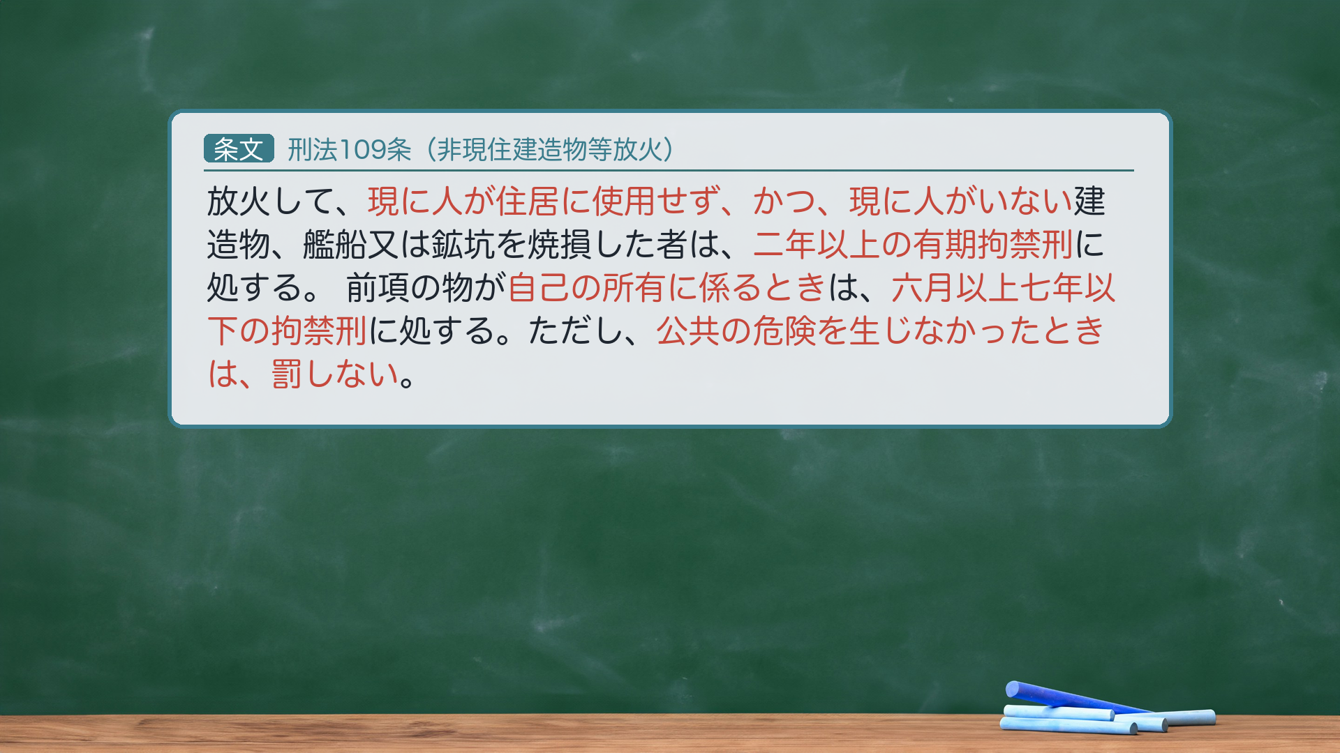 🔴 約束③ 条文全文|刑法109条(非現住建造物等放火)。1項「放火して、現に人が住居に使用せず、かつ、現に人がいない建造物、艦船又は鉱坑を焼損した者は、二年以上の有期拘禁刑に処する。」2項「前項の物が自己の所有に係るときは、六月以上七年以下の拘禁刑に処する。ただし、公共の危険を生じなかったときは、罰しない。」🔴 108との差①=客体に「汽車・電車」が含まれない(108は汽車・電車あり)。🔴 108との差②=現住性と現在性の両方が否定される場合のみ(どちらか一方でもあれば108)。109②ただし書=自己所有=具体的危険犯。ハイライト=「住居に使用せず、かつ、現に人がいない」「自己の所有に係る」「公共の危険を生じなかったときは、罰しない」。