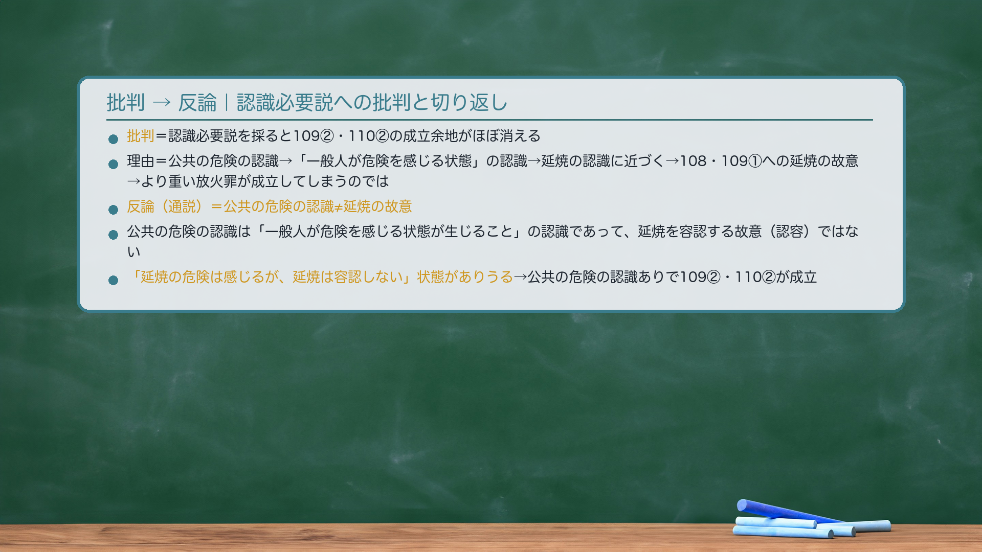 批判→反論|認識必要説への批判と反論。批判=認識必要説を採ると、109②と110②の成立余地がほぼ消える。なぜなら、公共の危険を認識する→「一般人の印象から危険を感じさせる状態」の認識→延焼の認識に近づく→108・109①への延焼の故意→より重い放火罪(108・109①)が成立してしまうのでは。反論(通説の切り返し)=「公共の危険の認識≠延焼の故意」。公共の危険の認識は「一般人が危険を感じる状態が生じること」の認識であって、延焼そのものを容認する故意(認容)ではない。「延焼の危険は感じるが、延焼は容認しない」という状態がありうる(危険を予見しつつ延焼は望まない・容認もしない)。その場合は公共の危険の認識ありで109②・110②が成立する。