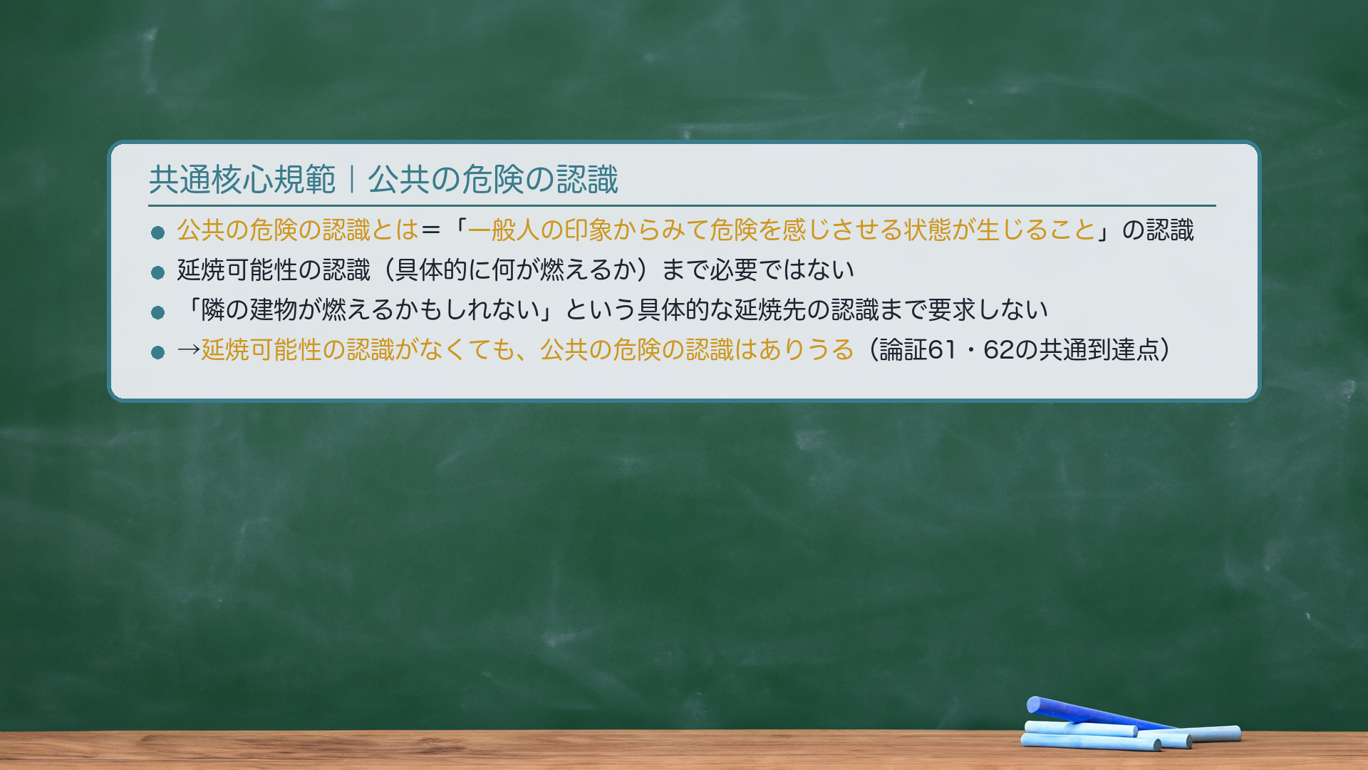 共通核心規範|公共の危険の認識。公共の危険の認識とは何か=「一般人の印象からみて危険を感じさせる状態が生じることの認識」。延焼可能性の認識(具体的に何が燃えるか)まで必要ではない。「隣の建物が燃えるかもしれない」という具体的な延焼先の認識まで要求しない。「一般人が危険だと感じるような状態になること」の認識があれば、公共の危険の認識がある。→延焼可能性の認識がなくても、公共の危険の認識はありうる(論証61・62の共通到達点)。