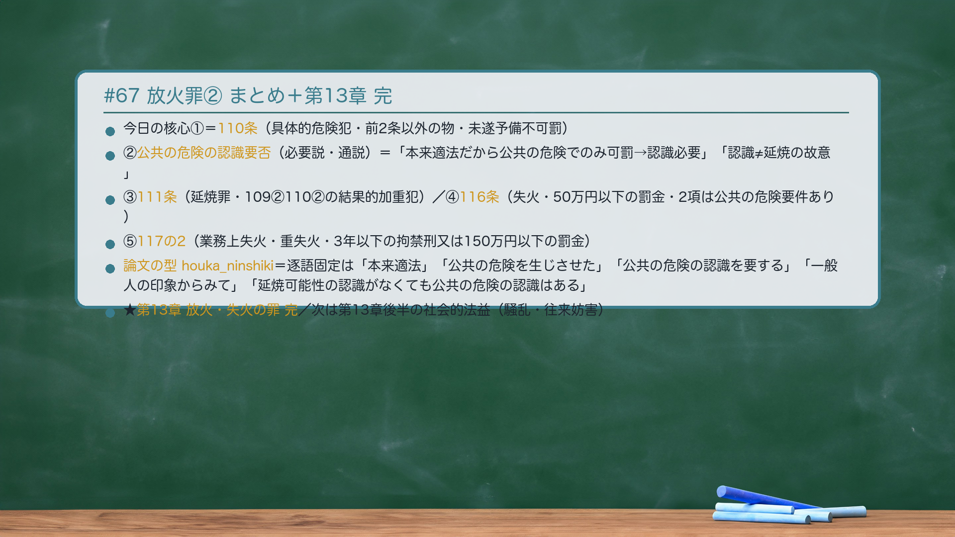 #67 放火罪②|まとめ+第13章 完。今日の核心=①110条(具体的危険犯・前2条以外の物・未遂予備不可罰)②🔴公共の危険の認識要否(必要説・通説)=「本来適法だから公共の危険でのみ可罰→認識必要」「認識≠延焼の故意」③111条(延焼罪・109②110②の結果的加重犯)④116条(失火・50万円以下の罰金・2項は公共の危険要件あり)⑤117の2(業務上失火・重失火・3年以下の拘禁刑又は150万円以下の罰金)。論文の型 houka_ninshiki=逐語固定は「本来適法」「公共の危険を生じさせた」「公共の危険の認識を要する」「一般人の印象からみて」「延焼可能性の認識がなくても公共の危険の認識はある」。★「第13章 放火・失火の罪 完」。次は第14章 偽造の前に、第13章後半の社会的法益(騒乱・往来妨害)に入ります。